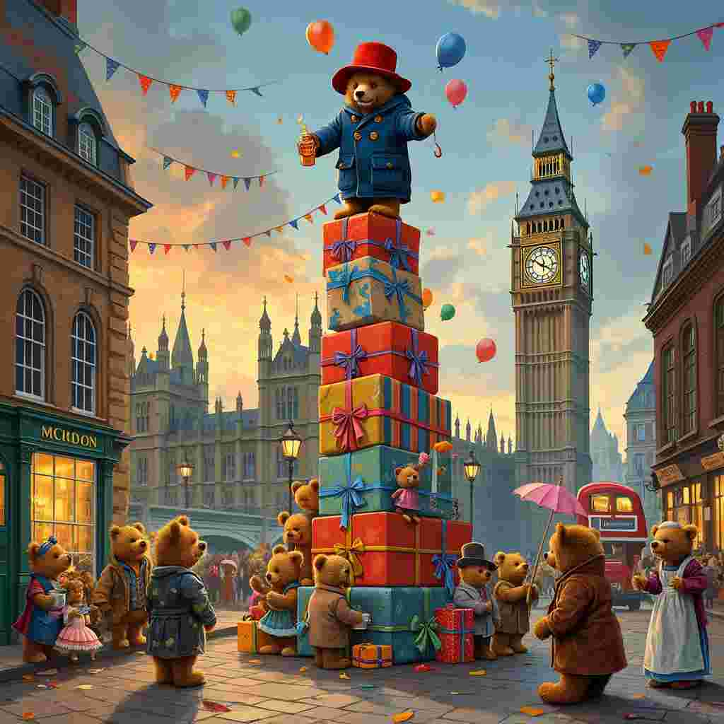 Picture a charming London street scene in the delightful style of Quentin Blake, but infused with a hint of the fantastical elements reminiscent of Maurice Sendak. The cobblestone street is bustling with activity, reminiscent of a Norman Rockwell painting but with the mischievous whimsy of Edward Gorey.

Front and center, Paddington Bear is joyously standing atop a tall stack of brightly wrapped birthday presents, which are haphazardly but miraculously balanced. The stack towers nearly as tall as a double-decker bus, echoing the towering structures of Maxfield Parrish. Paddington, wearing his iconic blue duffle coat and red hat, clutches a jar of marmalade in one paw and a dripping birthday cake in the other, icing and candles askew.

Around the base of the stack, a crowd of bears—of all shapes, sizes, and colors—gathers in celebration, each with their own quirky flair, inspired by the detailed characters of Arthur Rackham and Beatrix Potter. There’s a bear in a tweed suit adjusting his monocle, another in a tutu performing an impromptu ballet, and a grumpy-looking bear in a raincoat holding an umbrella, despite the sunny sky above, all subtly rendered in an Aubrey Beardsley-like detail.

In the background, the iconic Big Ben and the Tower Bridge are whimsically skewed, much like a scene out of a Gustave Doré illustration, creating a surreal and playful atmosphere. To one side, a tiny tea table is set up with delicate china cups and saucers, teetering precariously as a bear in a frilly apron pours tea, inspired by the whimsical nature of Beatrix Potter’s characters.

Up above, colorful bunting and balloons flutter in the gentle breeze, adding a celebratory flair. The sky is an imaginative blend of sunset hues, merging from bright oranges and pinks to a deep twilight blue, inspired by the atmospheric touches of N.C. Wyeth.

Every element is rich with detail, from the cobblestones reflecting the late afternoon light to the expressive faces of each bear, creating a lively, humorous, and heartwarming birthday scene that tells a story of joyous chaos and Paddington Bear’s love for marmalade and fun.
Generated with these themes: They like bears and Paddington Bear.
Made with ❤️ by AI.