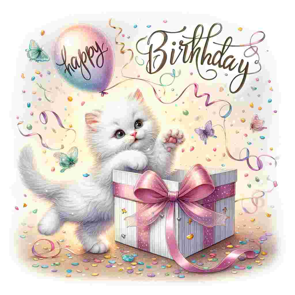 In this adorable scene, a Van Kedisi kitten leaps out of a beautifully wrapped gift box, with confetti floating around. 'Happy Birthday' is inscribed in loopy handwriting above, and the kitten is playfully batting at a balloon string with its paw.
Generated with these themes: Van Kedisi Birthday Cards.
Made with ❤️ by AI.