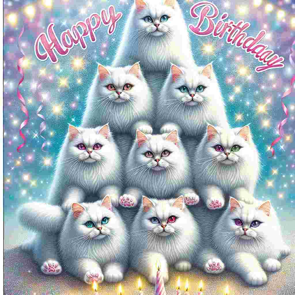 A whimsical drawing where a cluster of Van Kedisi cats form a playful pyramid, reaching towards a string of 'Happy Birthday' text. Their fur is detailed with soft strokes, and the background bursts with sparkles and party streamers.
Generated with these themes: Van Kedisi Birthday Cards.
Made with ❤️ by AI.