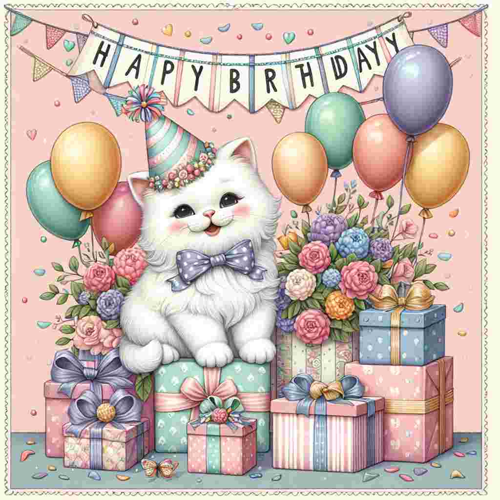 A charming illustration featuring a fluffy Van Kedisi cat wearing a party hat, surrounded by colorful balloons and a pile of gifts. A banner flutters above with the text 'Happy Birthday', and the scene is framed with a festoon of pastel bunting.
Generated with these themes: Van Kedisi Birthday Cards.
Made with ❤️ by AI.