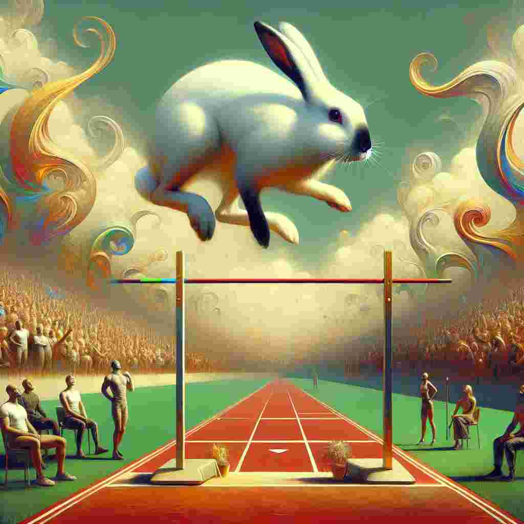 A scene unfolds illustrating a surreal representation of an outstanding achievement. In the middle, a vigilant white rabbit stands, its distinctive black nose sniffing the sky in a sign of victory. The rabbit is characterized not as an ordinary hare but an athlete participating in an Olympic-style high jump event. The high bar represents a significant challenge, yet with its powerful hind legs ready for propulsion, the rabbit gives an impression of defying both gravity and rationality with its leap. The surroundings are adorned with surreal wisps of color, suggesting the excitement and jubilation associated with such games. The audience, filled with individuals of diverse descents and genders, awaits with bated breath for a triumphant landing.
Generated with these themes: White rabbit with black nose, Doing high jump, and Olympic games.
Made with ❤️ by AI.