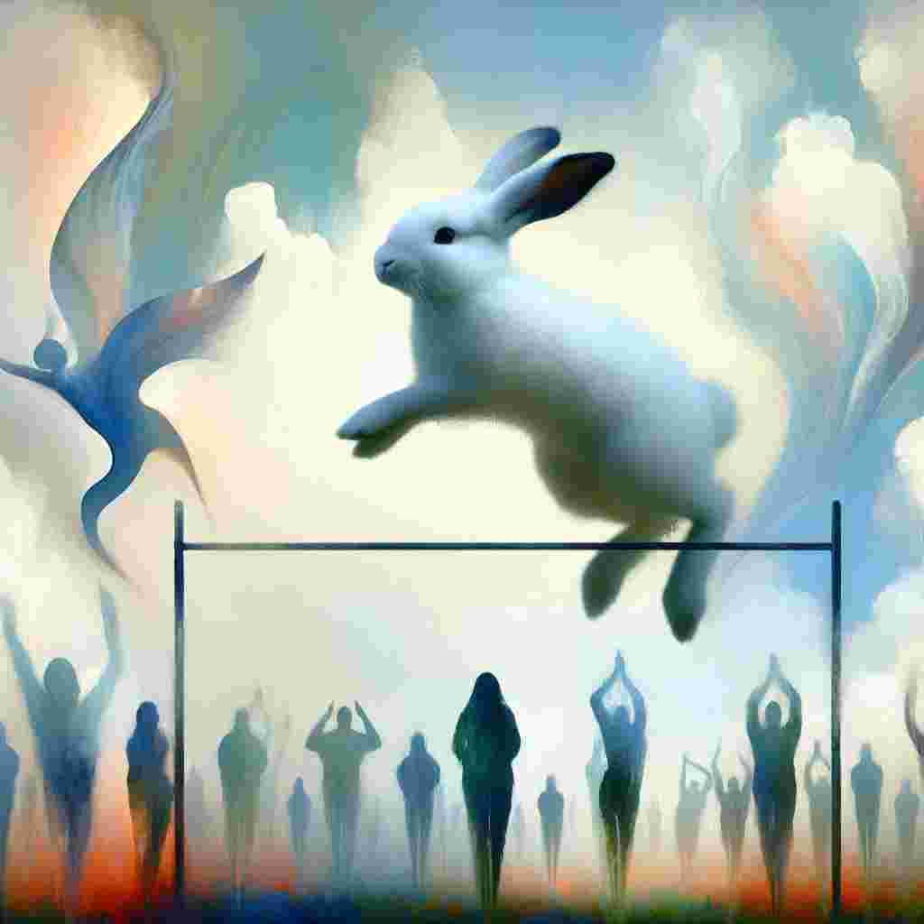 Imagine a surreal scene that signifies victory. In this scene, a white rabbit with a distinct black nose becomes a symbol of achievement. It is seen effortlessly jumping over a high bar, referencing the grand setting of athletic events like the Olympics. The rabbit's silhouette stands out against a background of dreamy colors and abstract shapes, representing unlimited ambition and ability. Observers are depicted with soft, dreamlike brushstrokes, silently cheering. They appear both spectral and supportive in this unique depiction of athletic prowess.
Generated with these themes: White rabbit with black nose, Doing high jump, and Olympic games.
Made with ❤️ by AI.