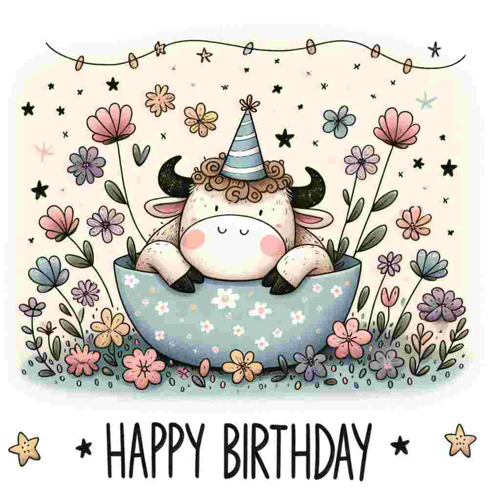 A whimsical illustration features a cozy little bull nestled among pastel-colored flowers, donning a party hat, with 'Taurus Birthday Cards' playfully inscribed on the bottom. Overhead, banners of stars spell out 'Happy Birthday' in cursive script.
Generated with these themes: Taurus Birthday Cards.
Made with ❤️ by AI.