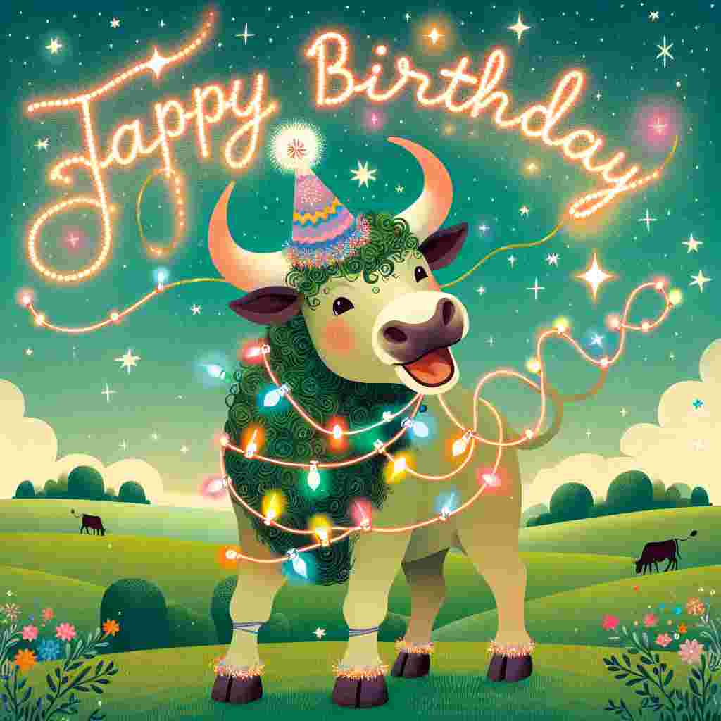 An adorable illustration shows a smiling Taurus bull in a meadow, with a string of colorful party lights wrapped around its horns. The 'Taurus Birthday Cards' message is integrated into the design on the bull's party hat, and the words 'Happy Birthday' shine in the sky like twinkling stars.
Generated with these themes: Taurus Birthday Cards.
Made with ❤️ by AI.
