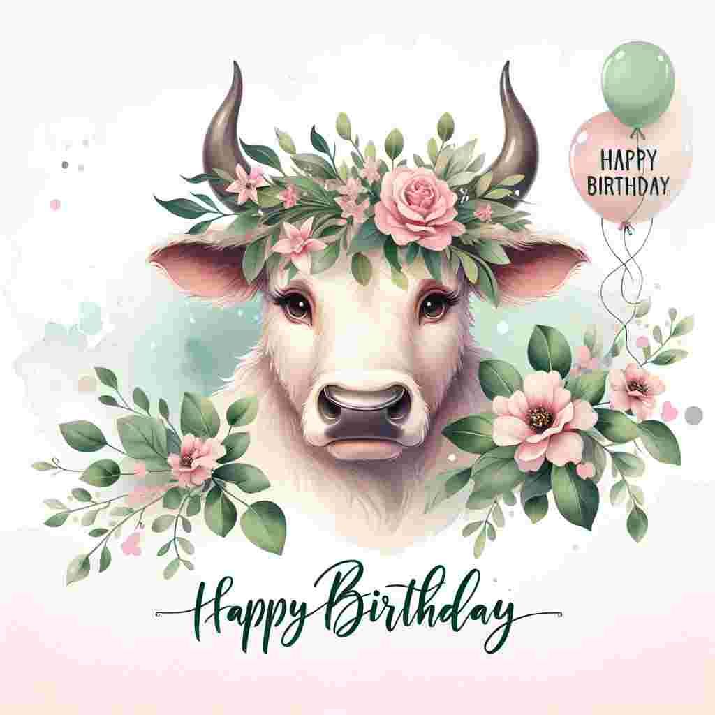 In this charming scene, a sweet cartoonish Taurus bull is surrounded by a garland of green leaves and pink roses, matching its gentle eyes. The backdrop is a soft watercolor wash with 'Taurus Birthday Cards' etched in elegant typeface, while 'Happy Birthday' floats above in balloon letters.
Generated with these themes: Taurus Birthday Cards.
Made with ❤️ by AI.