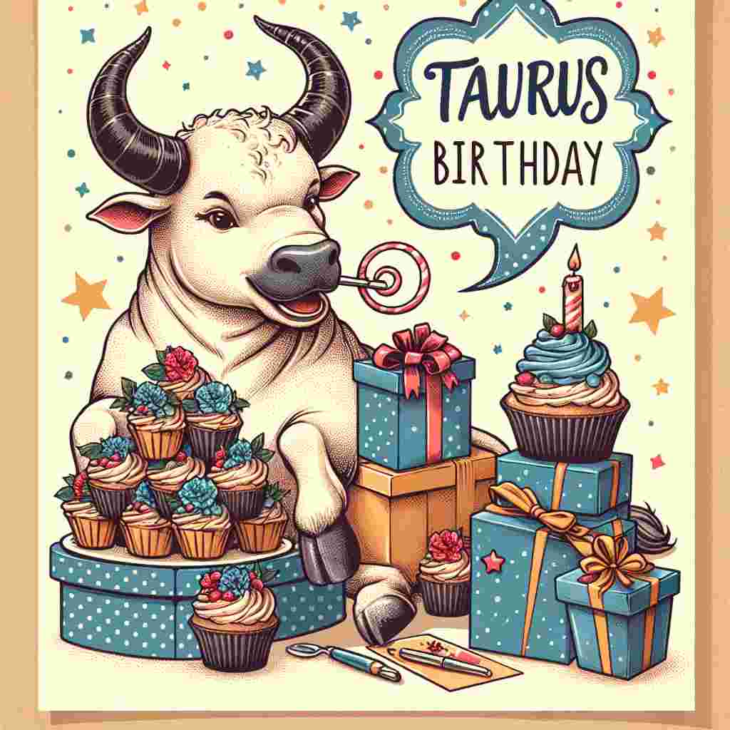 The scene depicts a cute, playful Taurus bull sitting amidst a bounty of cupcakes and gifts. 'Taurus Birthday Cards' is stylized as a chic banner across the top, while 'Happy Birthday' is encased in a shimmering speech bubble being joyfully popped by the bull.
Generated with these themes: Taurus Birthday Cards.
Made with ❤️ by AI.