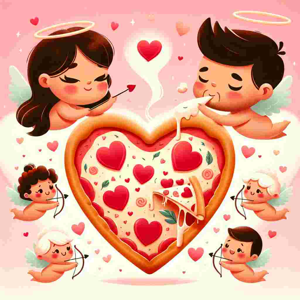 Create a whimsical Valentine's Day illustration. The central focus is a steaming heart-shaped pizza. Around it, adorable cupids, wings aflutter, prepare to take slices. The background is soft pink, with embellishments of lighter red hearts floating in the air. Placed subtly in one corner is a love-struck couple, an Asian woman and a Hispanic man, sharing a cheesy slice of pizza while they gaze deeply into each other's eyes.
Generated with these themes: Pizza.
Made with ❤️ by AI.