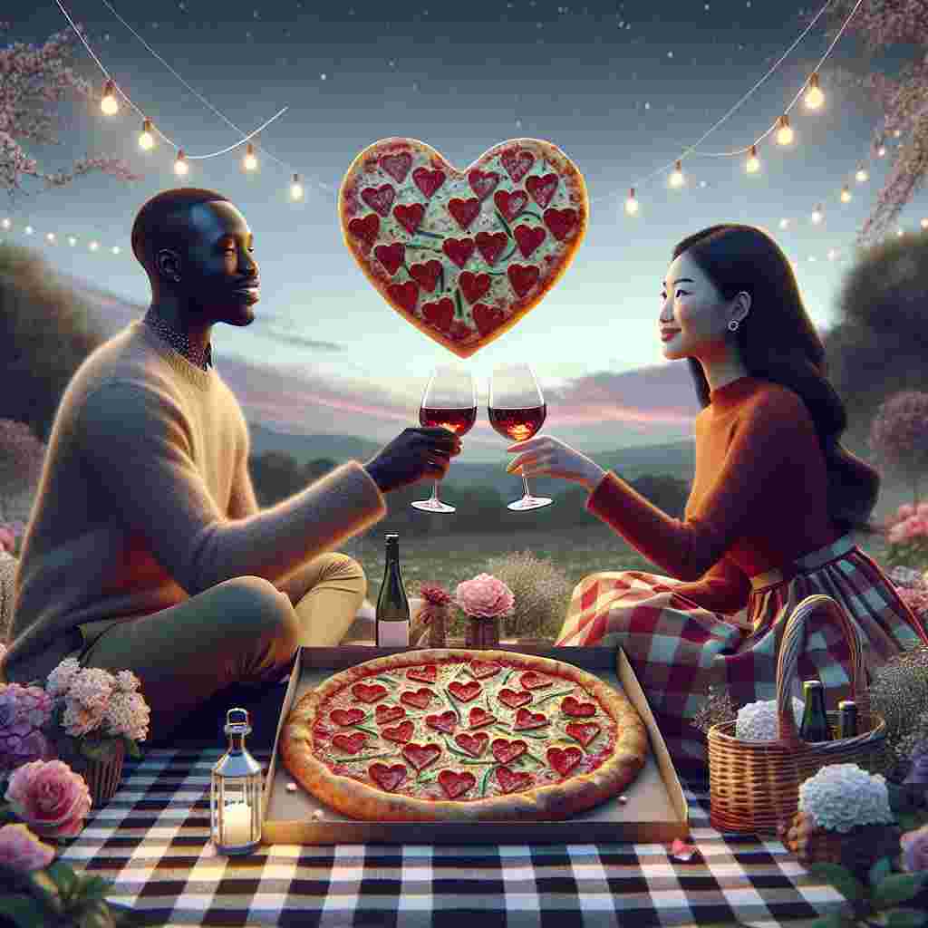 Create a romantic image illustrating a Valentine's Day scene where an African man and an Asian woman are seated on a checkered picnic blanket. They are engaged in a warm toast with clear glasses filled with wine. A unique pizza, shaped like a heart and decorated with pepperoni hearts, sits between them, acting as a novel symbol of their love. They are surrounded by an exquisite setting of blooming flowers and twinkling string lights against the backdrop of a dusky sky, hinting at a deep sense of romance and affection that pervades the air.
Generated with these themes: Pizza.
Made with ❤️ by AI.