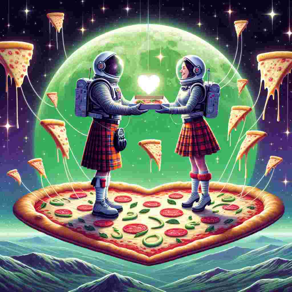 Illustrate a whimsical Valentine's Day celebration taking place on a surreal, pizza-shaped landscape that can be likened to Scotland's terrain. Imagine levitating cheese slices forming a heart shape among a backdrop of twinkling stars. A couple, each attired in kilts and space helmets depicting a fusion of Scottish culture with a futuristic twist, share an enchanting zero-gravity dance atop a bright green moon. In their hands, they exchange unusual gifts; one holds a package of space-cured haggis and the other, a box of intergalactic pizza adorned with heart-shaped toppings.
Generated with these themes: Space, Cheese, Scotland , and Pizza.
Made with ❤️ by AI.