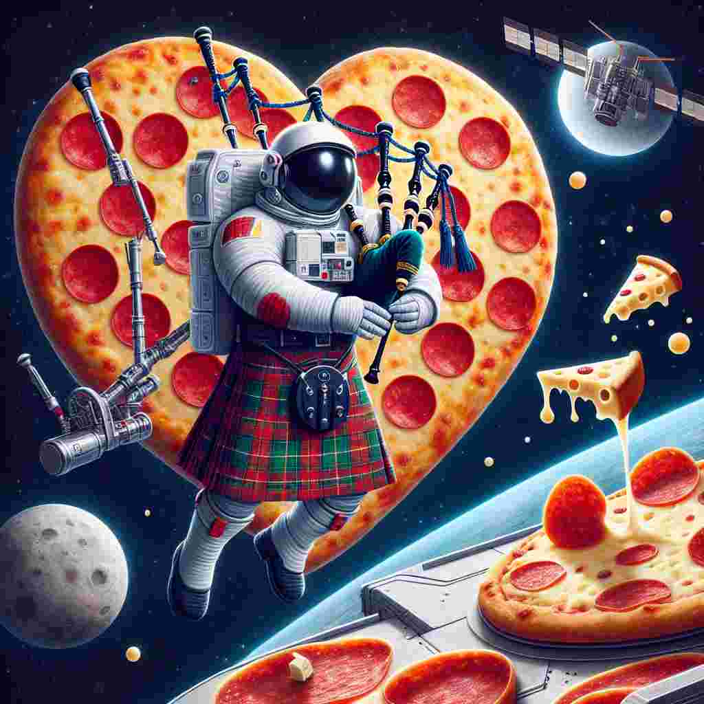 Create an image showcasing a humorous Valentine's Day theme set in the cosmos. Picture a male astronaut of Scottish descent, noticeably in a spacesuit featuring tartan patterns, hovering near a space station uniquely shaped like a heart. He's engaging with a set of bagpipes, which instead of producing music, emit little bubbles of cheese, symbolising his affection. Further enhancing the whimsical atmosphere, include a backdrop featuring a planet strikingly similar to a giant pizza, with moons resembling segments of pepperoni circling it.
Generated with these themes: Space, Cheese, Scotland , and Pizza.
Made with ❤️ by AI.