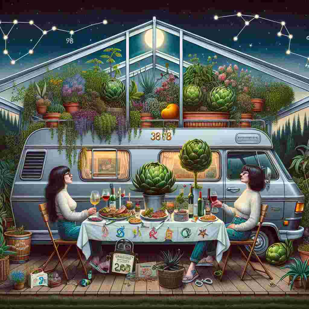 Create a surrealistic illustration for a 38th birthday celebration inspired by the duality of the Gemini sign. Twin figures, both mirroring the description of a woman with long dark hair and glasses, sit at a festive table set inside a cherished grey motorhome that doubles as an extraordinary greenhouse flourishing with lush houseplants. In an imaginative twist, the plants themselves seem to be merrily partaking in the BBQ feast which is abundant with Greek delicacies and artichokes served in various creative preparations, but notably lacking olives or peppers. Above them, the constellation of Gemini casts a warm glow, adding to the dreamlike spirit of the celebration.
Generated with these themes: Anita is turning 38, she is Cypriot and her zodiac sign is Gemini, she has long dark hair and wears glasses. She loves eating Greek food, especially BBQ, artichokes but not olives or peppers, she loves houseplants and her grey motorhome..
Made with ❤️ by AI.