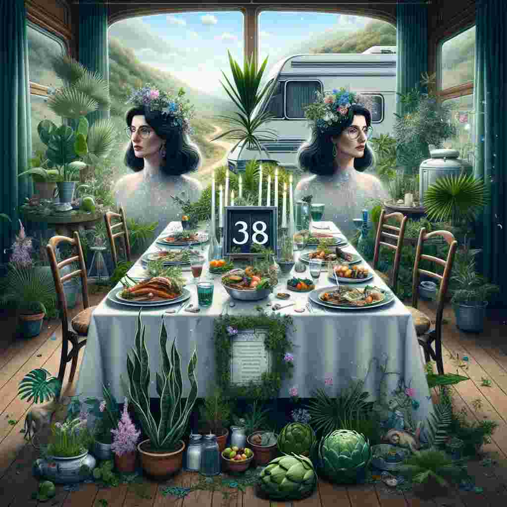 A birthday scene for a dark-haired, glasses-wearing Gemini woman is set in a whimsical landscape where a grey motorhome morphs into an opulent, verdant banquet hall filled with houseplants - a testament to her affinity for flora. Ethereal versions of this central figure, showcasing traits of her Zodiac sign, are positioned at the head of the table. An extravagant spread of Greek food, consisting of a tantalizing BBQ feast and artichokes but intentionally lacking olives and peppers, fills the table. The atmosphere whispers of the magic of Cyprus, and the air carries the tranquil warmth of home, celebrating the woman's 38th year in this bizarre, lush utopia.
Generated with these themes: Anita is turning 38, she is Cypriot and her zodiac sign is Gemini, she has long dark hair and wears glasses. She loves eating Greek food, especially BBQ, artichokes but not olives or peppers, she loves houseplants and her grey motorhome..
Made with ❤️ by AI.