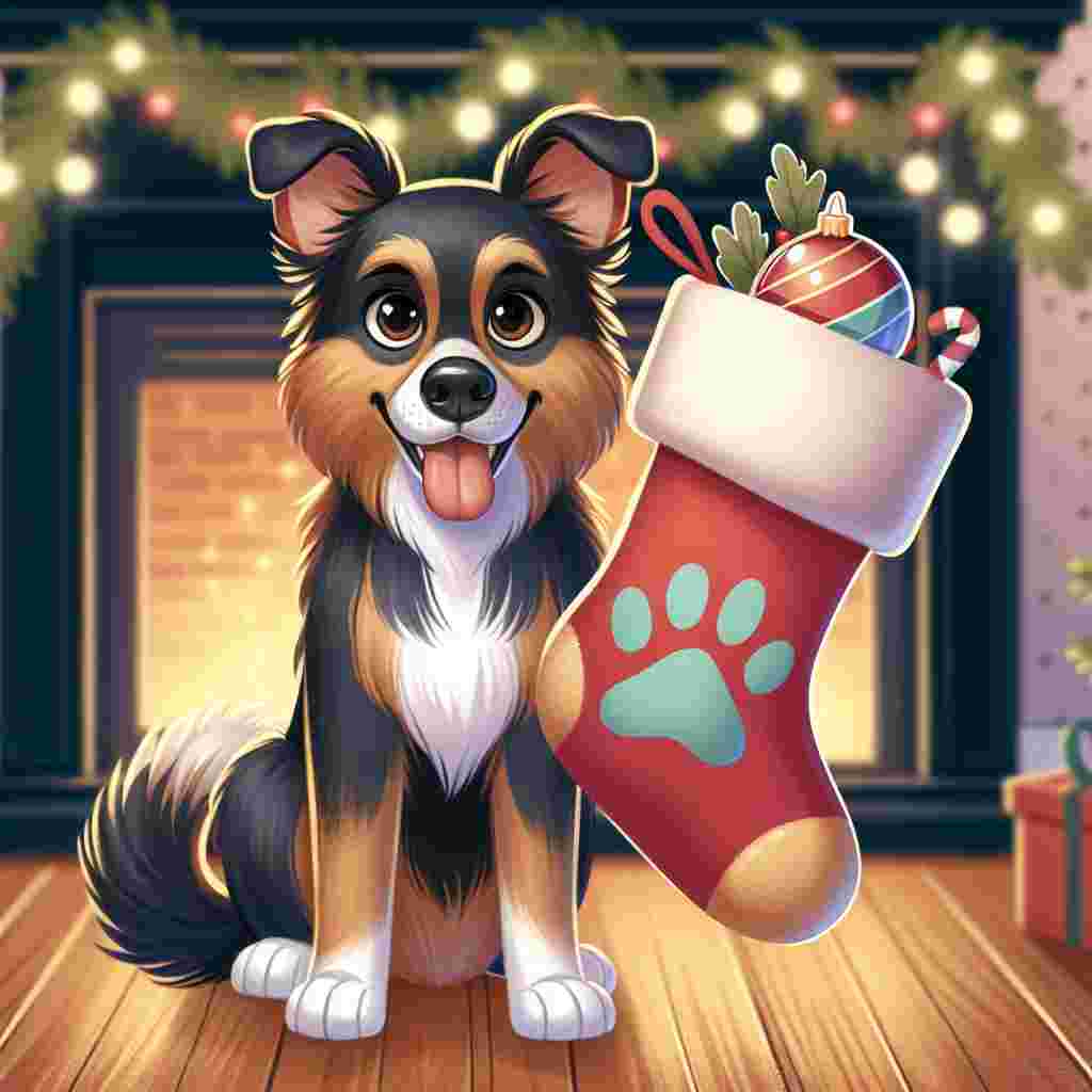 Create an delightful Christmas cartoon scene. The main subject is an adult mystery breed dog with a black and tan coat, normal build, and charming brown eyes, spreading joy and holiday spirit. The dog is complemented by a whimsical paw print marked stocking hanging from the fireplace. This is all bathed in the soft glow of Christmas lights to enhance the warm and welcoming atmosphere.
.
Made with ❤️ by AI.