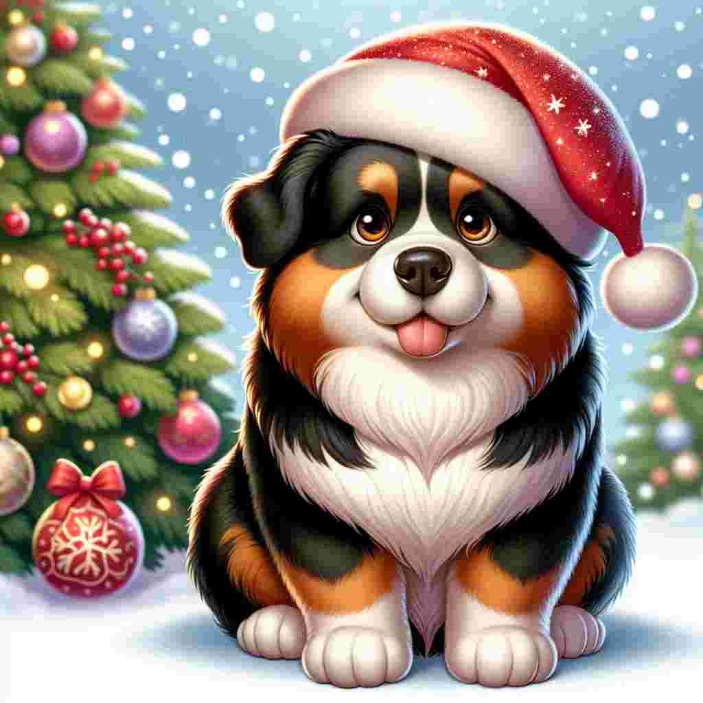 Create a heartwarming cartoon Christmas scene with a friendly, plump dog as the centerpiece. The dog has a black and tan coat, is of unrecognizable breed, and carries a delightful demeanor that emits warmth. It's of normal build with a soft, fluffy coat that's accentuated with a stylish red Santa hat on its head. Its brown eyes gleam with joy, echoing the ebullient sparkle of the ornately decorated tree behind it. A light snowfall in the background contributes a magical touch to the festive scenario.
.
Made with ❤️ by AI.