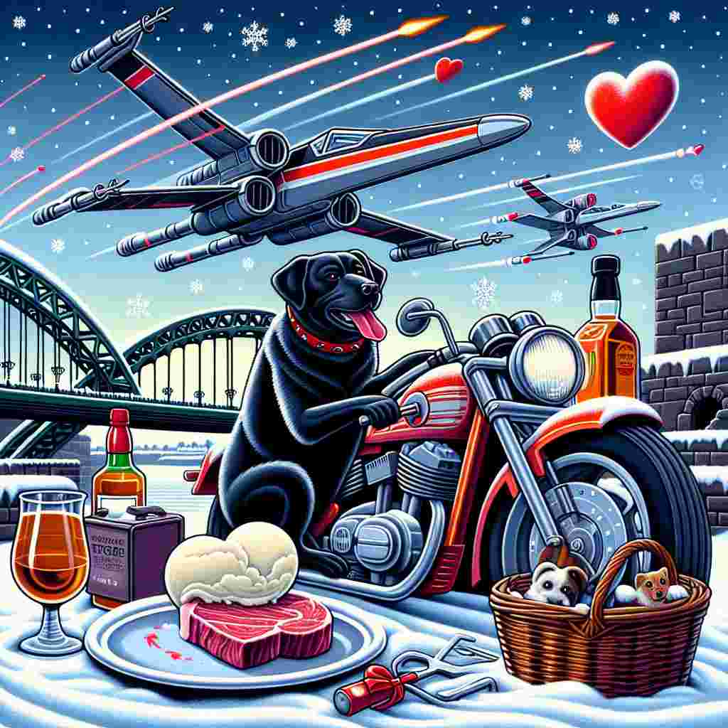 Depict a scene encapsulating the spirit of Valentine's Day in a quirky, abstract fashion. Central to this scene is a charming black Labrador that's commanding a powerful sports motorbike over a snowy version of Tyne Bridge. Reminiscent of a famous science-fiction movie series but staying clear of copyright breaches, an aircraft resembling an X-wing fighter jet etches heart patterns into the sky. The festive sentiment is emphasized by snowflakes swirling around a sidecar where a heart-shaped steak is settled next to a generous scoop of vanilla ice cream, a metaphor for the harmonious union of fiery passion and tranquil pleasure. Secreted away in the sidecar, a superior quality bottle of whiskey alludes to the rich and intricate aspects that love can embody.
Generated with these themes: Black Labrador riding a sports motorbike, Tyne bridge, Star Wars X wing fighter, Whiskey, Snow, Vanilla ice cream, and Heart shaped steak.
Made with ❤️ by AI.