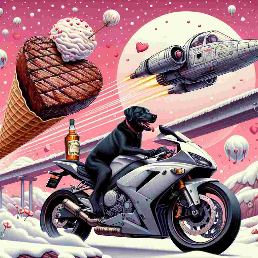 In a whimsical abstract Valentine's Day scene, a cheerful black Labrador is depicted atop a sleek sports motorbike, speeding across a well-known large suspension bridge with the poise of a seasoned rider. The backdrop showcases whimsical flakes of snow gently descending like confetti in a celebration of love. Adding an adventurous twist, a generic spaceship darts through the frosty air, aiming for a galaxy far, far away. On the passenger seat of the motorbike, a bottle of top-notch whiskey is fastidiously secured. Moreover, a heart-shaped, perfectly grilled steak tempts from its place on a sidecar crafted from a huge vanilla ice cream cone, an entrancing blend of savory and sweet filling the air.
Generated with these themes: Black Labrador riding a sports motorbike, Tyne bridge, Star Wars X wing fighter, Whiskey, Snow, Vanilla ice cream, and Heart shaped steak.
Made with ❤️ by AI.