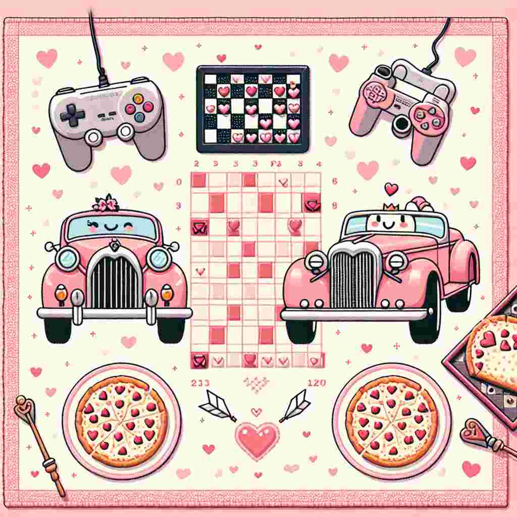 Visualize a lovely scene with a soft pink background sprinkled with tiny hearts. In the middle, find a pair of cartoon-style generic vintage cars, decorated in Valentine's day motifs, represented as the noble knights on a quilt with a chessboard design. Notice the cribbage board at the bottom edge, where the peg holes are shaped as tiny romantic hearts. There are slices of cheese-filled pizza with heart-shaped toppings resting on an adjacent dish. Overhead, you find a smiling gaming console, dressed up with a bow and heart-shaped buttons, winking affectionately at a matching game controller highlighted with a cupid's arrow.
Generated with these themes: Chess, VW Beetles, Cribbage, Pizza, and PS5.
Made with ❤️ by AI.
