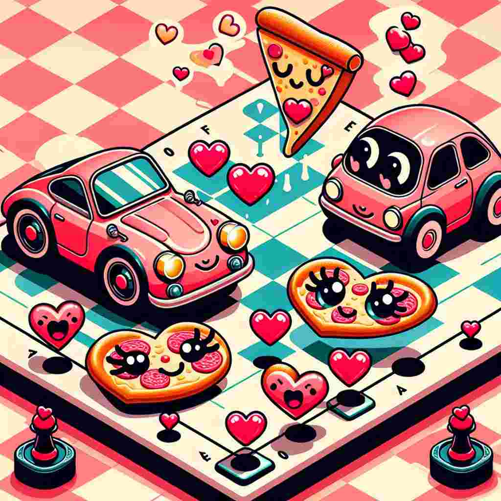 Create a playful and lovable Valentine's Day picture with a checkerboard pattern in the background, carrying a resemblance to a chessboard. All pawns and pieces are in the shape of hearts. There are two cars reminiscent of classic small city cars, placed side by side at one corner featuring eyelashes and jubilant grills, embellished with hearts. Diagonally across, a game board with heart-shaped pegs outlines a border, beneficially accompanied with a floating slice of pizza having pepperoni arranged in a heart design. At the heart of the illustration, there is a futuristic gaming console donned with an adorable face, blowing amorous gestures towards its game controller.
Generated with these themes: Chess, VW Beetles, Cribbage, Pizza, and PS5.
Made with ❤️ by AI.