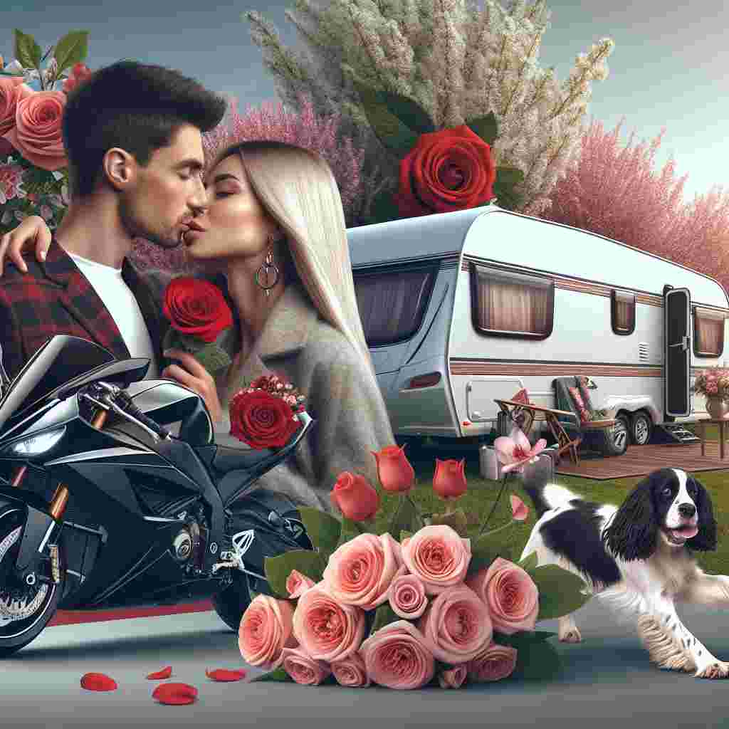 The image portrays an enticing Valentine's day spectacle with a Caucasian man and woman sharing an intimate kiss in the foreground, their mutual adoration readily apparent. Immediately behind them, a modern, streamlined sports motorcycle is seen, infusing the romantic ambiance with an element of thrill. Adjacently, a comfortable and inviting caravan is surrounded by beautifully blooming flowers, signifying the adventurous nature of the couple. A sprightly Springer Spaniel, active and lively, plays cheerfully nearby, enhancing the jubilant milieu of this spring day.
Generated with these themes: White sexy couple kissing, Ducati sportsbike, Caravan, and Springer spaniel .
Made with ❤️ by AI.