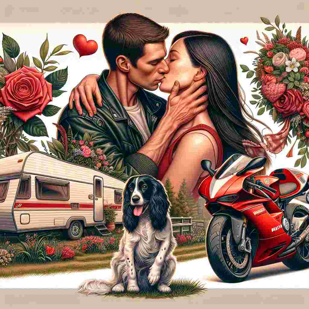 Create a Valentine's day themed illustration showcasing a deeply affectionate Caucasian couple in a very passionate kiss, reflecting their love for each other. Set against this romantic scene, a high-gloss Ducati sports bike signifies their shared enthusiasm for adrenaline and velocity. Positioned slightly apart, a picturesque caravan is enveloped by fresh seasonal flowers and greenery, hinting at a romantic escapade. Adding a lively element to the scene, a exuberant Springer Spaniel playfully prances through the adjacent grass, expressive of the seasonal warmth.
Generated with these themes: White sexy couple kissing, Ducati sportsbike, Caravan, and Springer spaniel .
Made with ❤️ by AI.