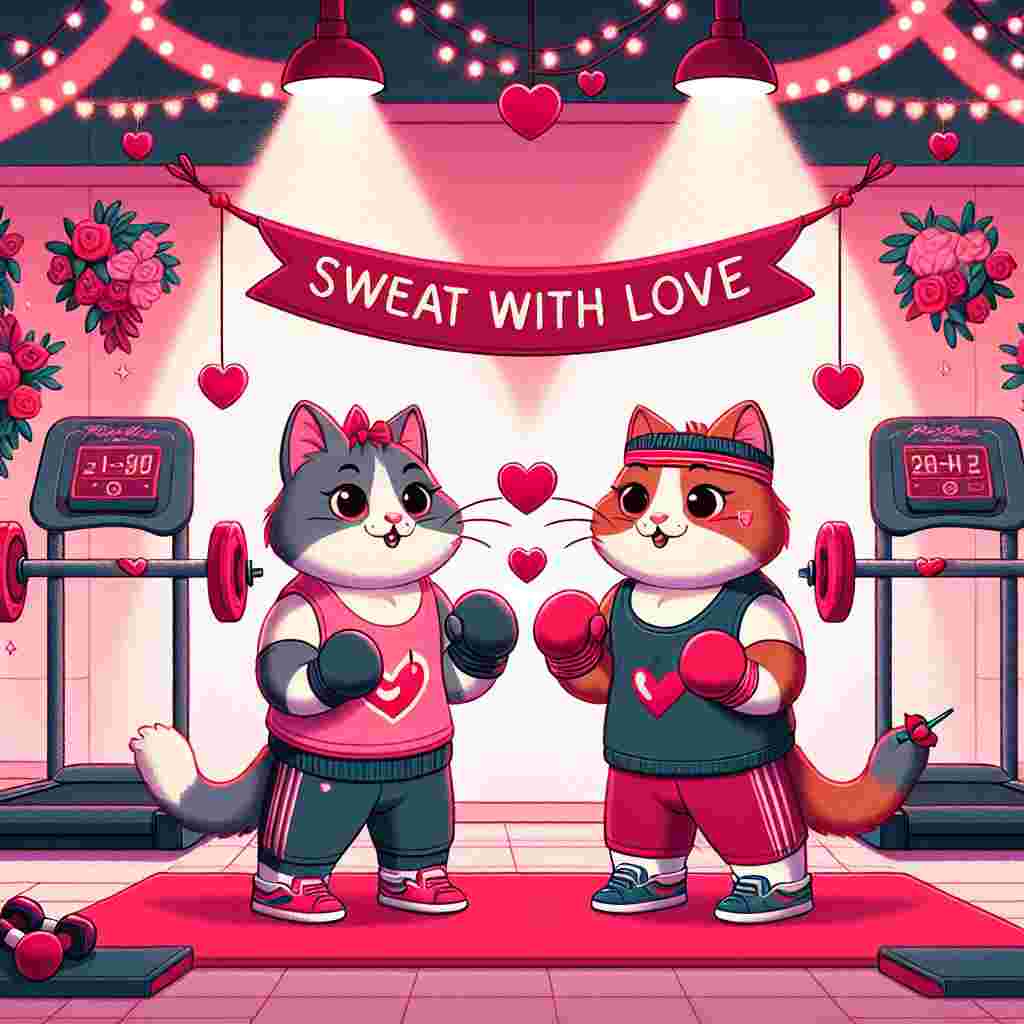 Part two of a playful series, depicting two cats characterized by their endearing mischief. They are dressed in workout clothing and seen lightheartedly sparring with gloves shaped like red chili peppers. The setting is a vibrant gym, festooned with decorations in shades of pink and red, embodying a festive atmosphere. A notable detail is a banner spread across the wall that reads 'Sweat with Love'. Additionally, the gym equipment uniquely blends into the Valentine's theme, showcasing barbells fashioned to resemble cupid's arrows and treadmills adorned with twinkling romantic lights.
Generated with these themes: Cats, Chilli, and Gym.
Made with ❤️ by AI.