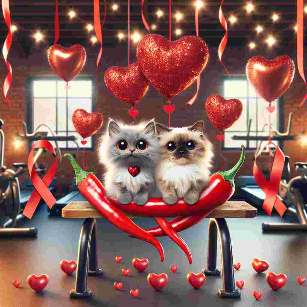 Create an image illustrating an adorable depiction of Valentine's Day. In the center, two fluffy cats with big loving eyes sit on a bench made of intertwined chili peppers, suggesting both warmth and affection. The background setting is of a quirky gym space where heart-shaped balloons hover over fitness equipment festooned with ribbons and tiny sparkling hearts, imbuing a captivating ambiance of adoration and wellness.
Generated with these themes: Cats, Chilli, and Gym.
Made with ❤️ by AI.