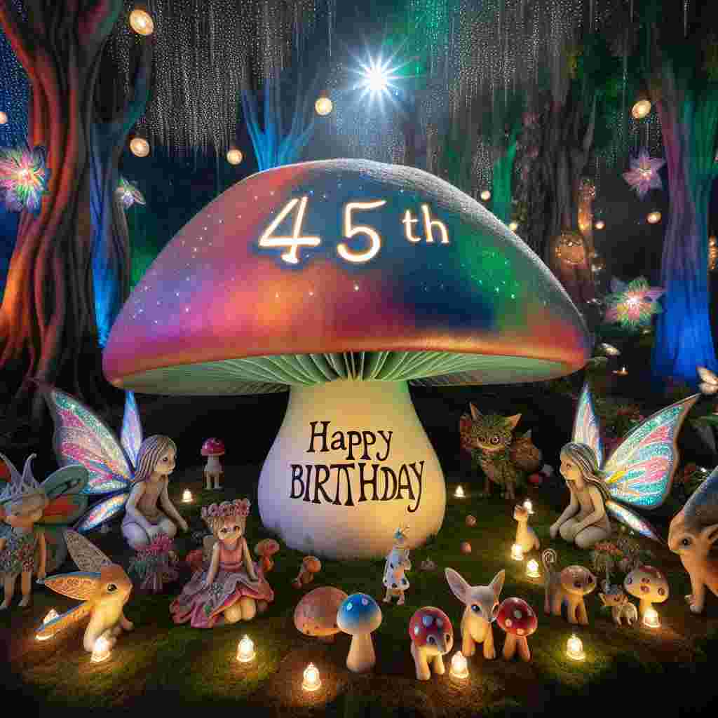 A playful scene set in a magic forest with fairy-like creatures and tiny critters all gathering around a giant, colorful mushroom decorated with the number '45th.' Sparkling lights and soft glows illuminate the text 'Happy Birthday' etched into the mushroom cap.
Generated with these themes: 45th  .
Made with ❤️ by AI.