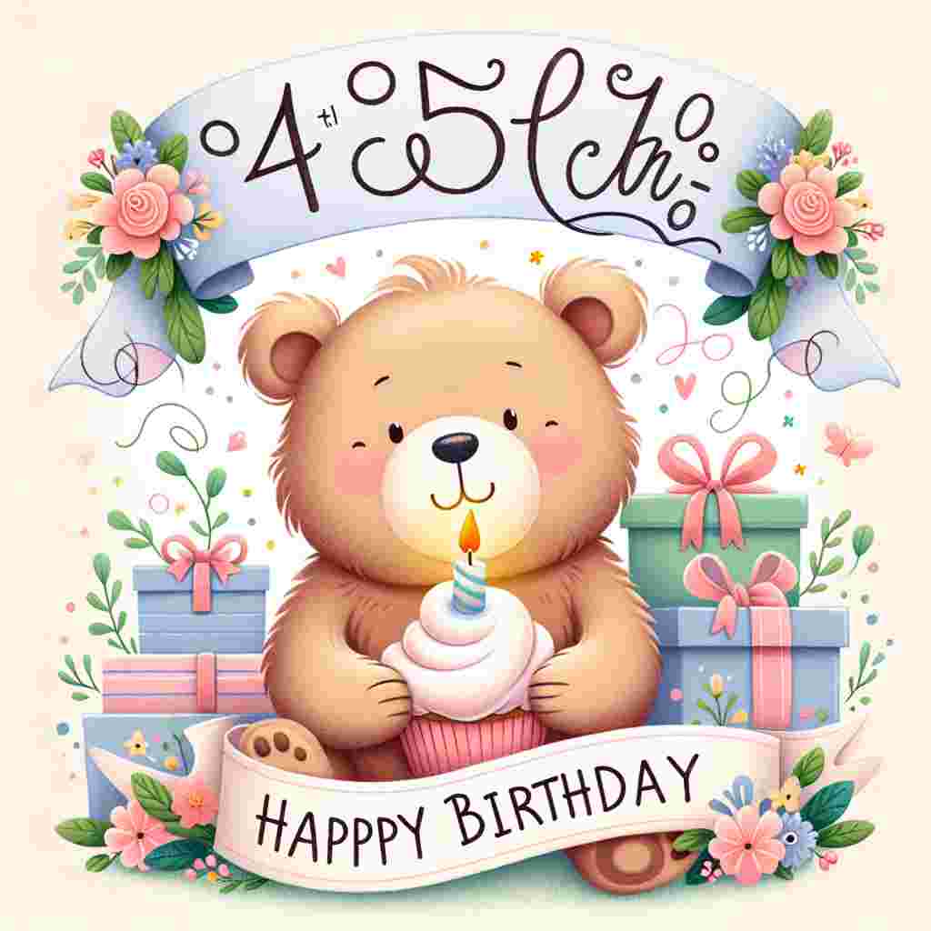 A cozy illustration with a cute bear holding a cupcake with a lit candle, sitting beneath a banner that reads '45th.' The bear is surrounded by gifts and flowers, with 'Happy Birthday' written in curly, playful letters at the top of the image.
Generated with these themes: 45th  .
Made with ❤️ by AI.