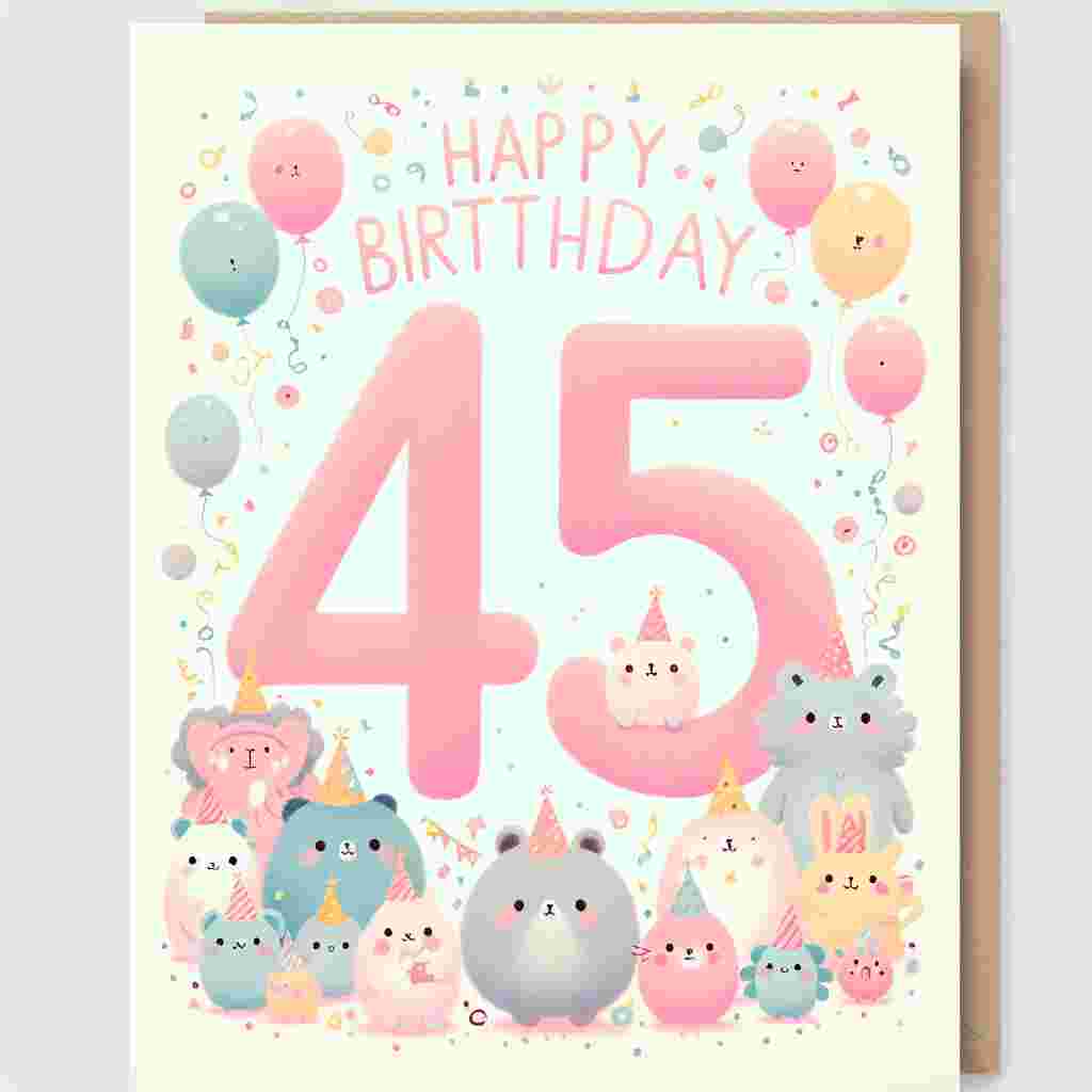 A pastel-colored birthday card featuring a whimsical scene with a large, soft-edged '45th' in the center, surrounded by a parade of adorable animals wearing party hats. Above the scene, the text 'Happy Birthday' floats amidst a shower of confetti and balloons.
Generated with these themes: 45th  .
Made with ❤️ by AI.