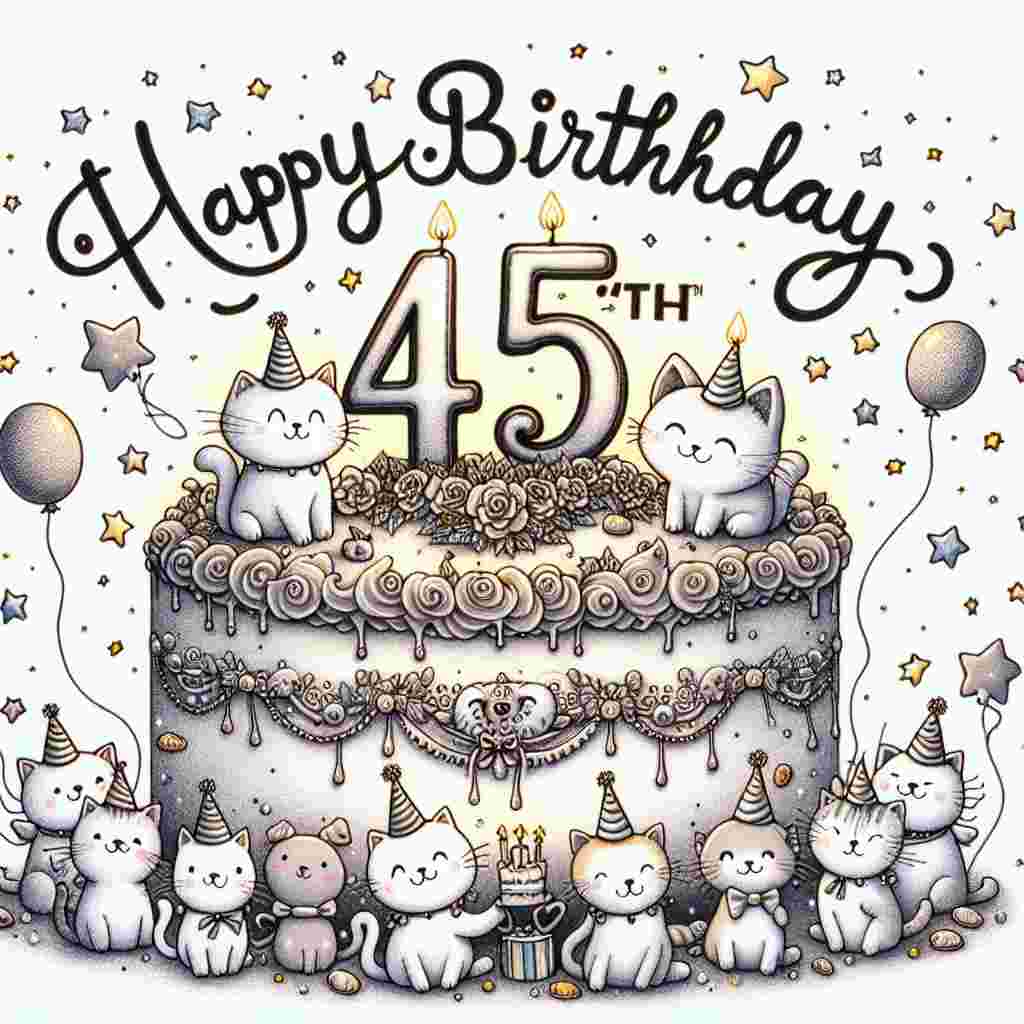 An adorable cartoon cake taking center stage, with '45th' written in icing across the top layer. Cute cats and dogs in party hats are scattered around the cake, with floating balloons and stars surrounding the hand-written 'Happy Birthday' above.
Generated with these themes: 45th  .
Made with ❤️ by AI.