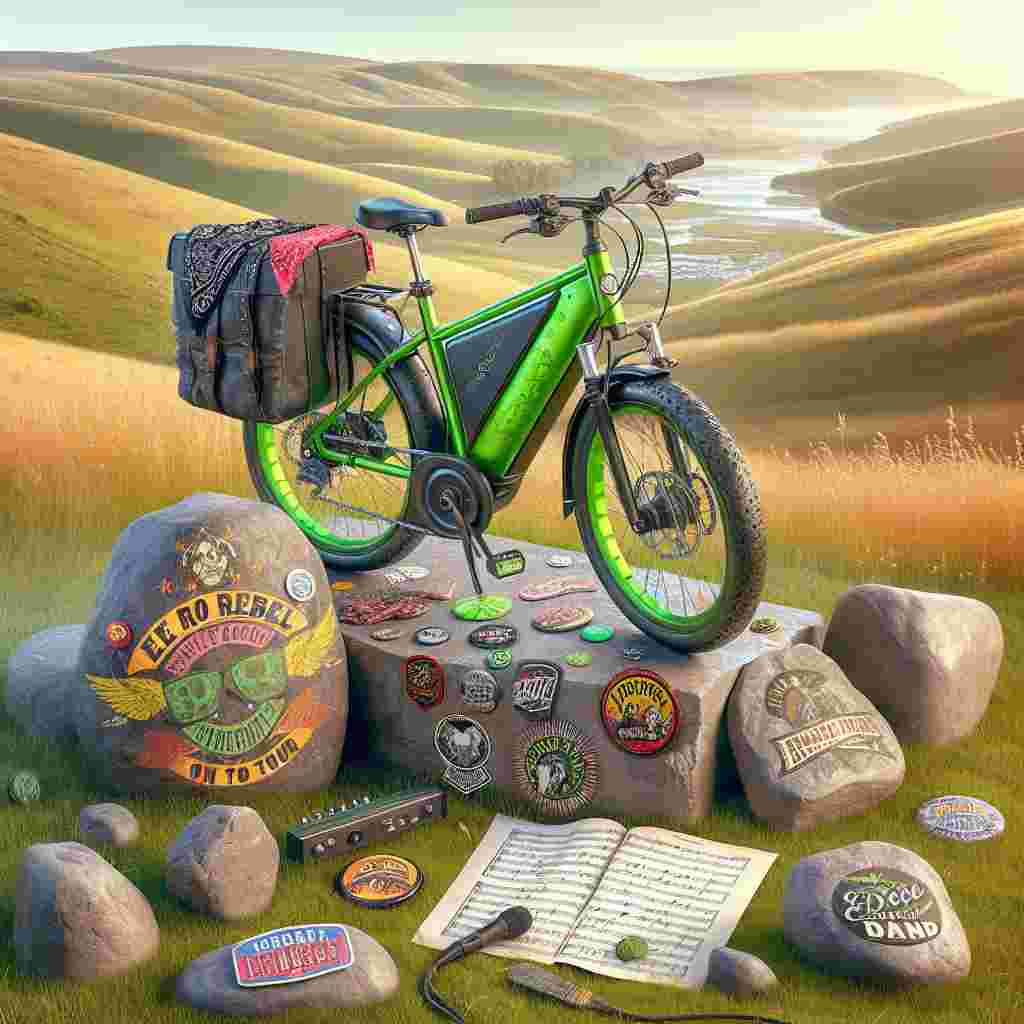 Create an image of a Father's Day-themed scenic countryside view. The vista includes soft, rolling hills, and in the foreground, an attention-grabbing bright green electric bike. The bike is peppered with various badges and stickers showcasing a rock and roll attitude, inclusive of fictitious band logos and witty statements like 'Eco rebel on tour.' Close to the bike, a group of rocks are sporadically arranged, resembling a temporary stage with sheets of music dispersed around, suggesting an unplanned concert taking place within the natural landscape. Though no person is depicted, the personality of a fun, music-loving father is conveyed through the details, like a bandana sitting on the bike's handlebar, inscribed with 'World's Coolest Dad.'
Generated with these themes: Electric bike, Green, Countryside, Rock and roll, Music, and Sarcasm .
Made with ❤️ by AI.