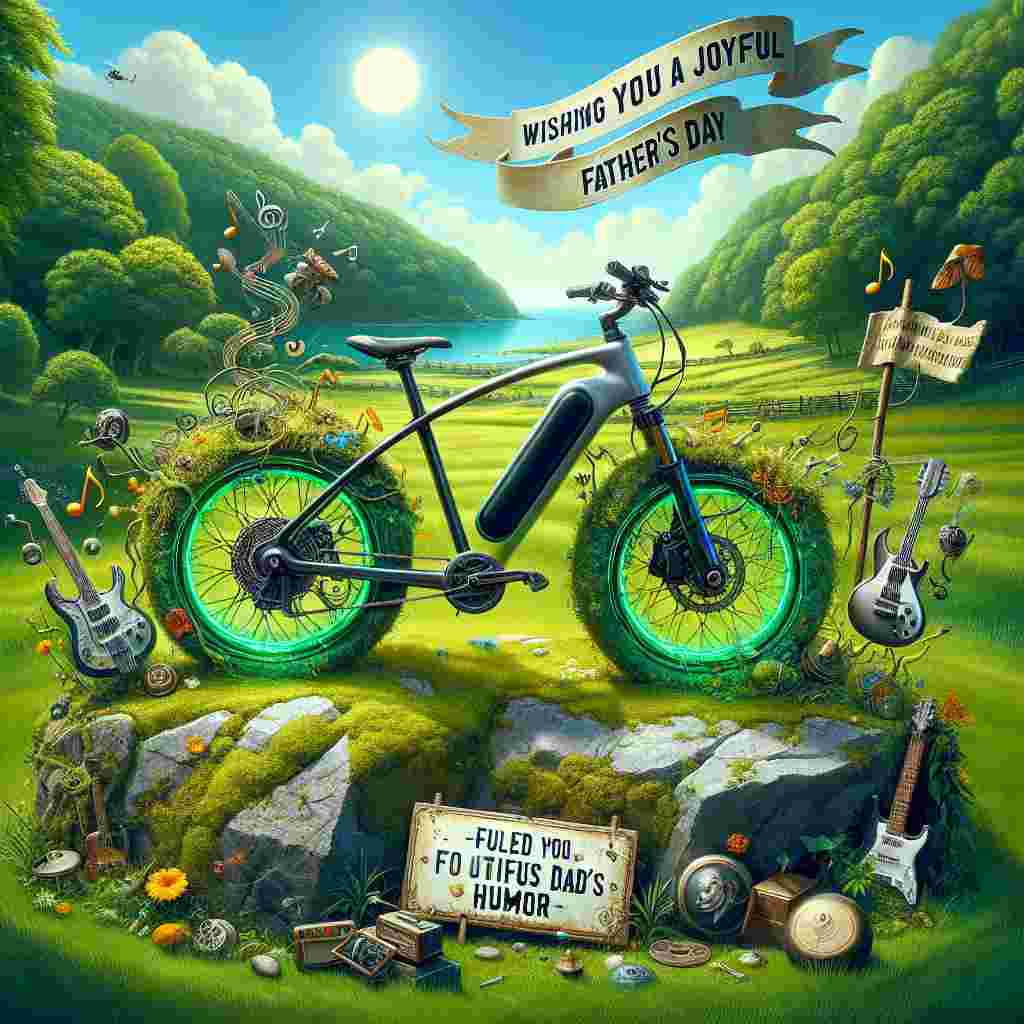 An enchanting country landscape abundant with intense green colors forms the backdrop. Positioned centrally, a modern electric bike rests against a rock covered with moss, its cutting-edge style providing contrast to the pastoral environment. Adorning the bike frame are ornaments symbolizing a fondness for rock music, such as tiny guitars and music notes which appear to playfully flutter with the wind. Sardonic elements like a sign that announces 'Fueled by Dad's Humor' with a playful wink are strewed around. The sky overhead is a dazzling blue, and a banner that says 'Wishing You a Joyful Father's Day' flaps in the wind, thus offering an appealing dedication in absence of a physical paternal figure.
Generated with these themes: Electric bike, Green, Countryside, Rock and roll, Music, and Sarcasm .
Made with ❤️ by AI.