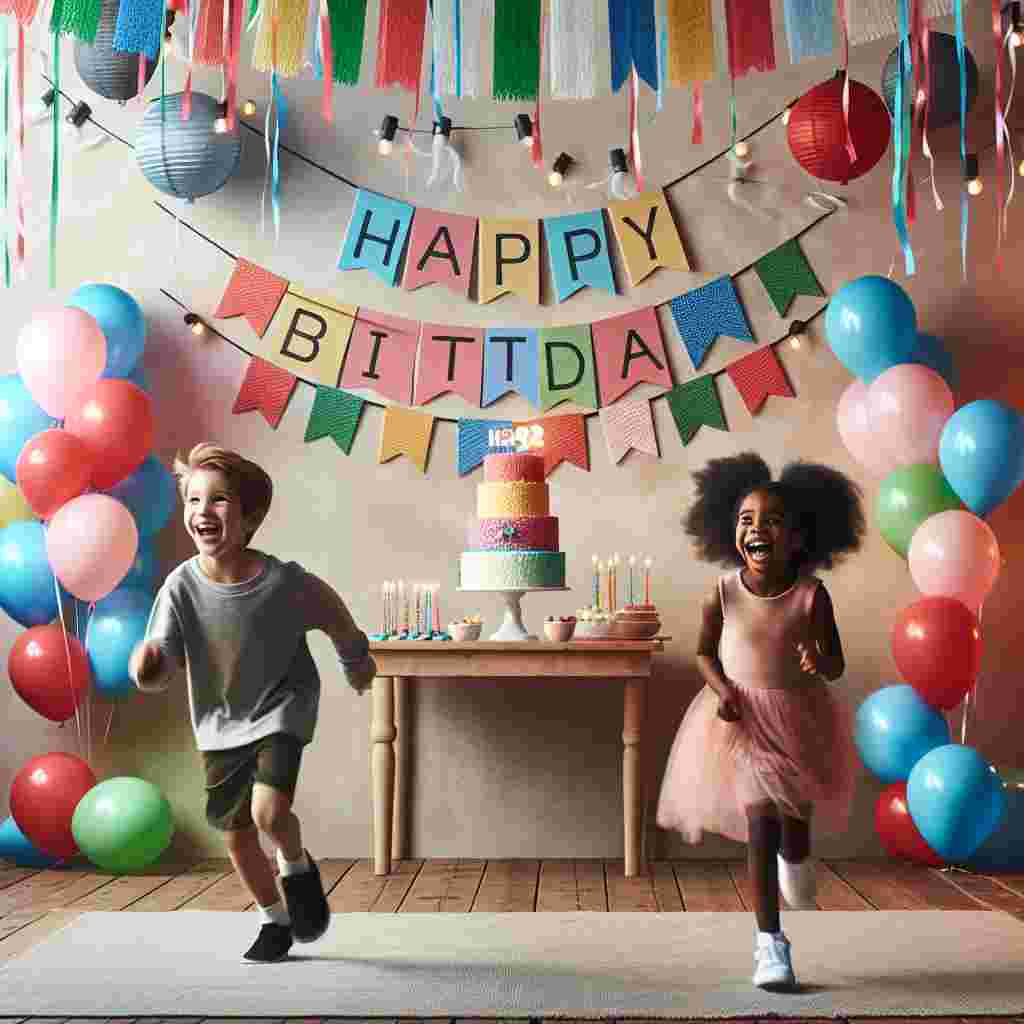 A delightful birthday setting where two kids are giggling and chasing each other around a room filled with streamers and balloons. In the background, a 'Happy Birthday' poster is prominently displayed on the wall, amidst hanging paper lanterns and a table with a frosted cake.
Generated with these themes: 2nd kids  .
Made with ❤️ by AI.