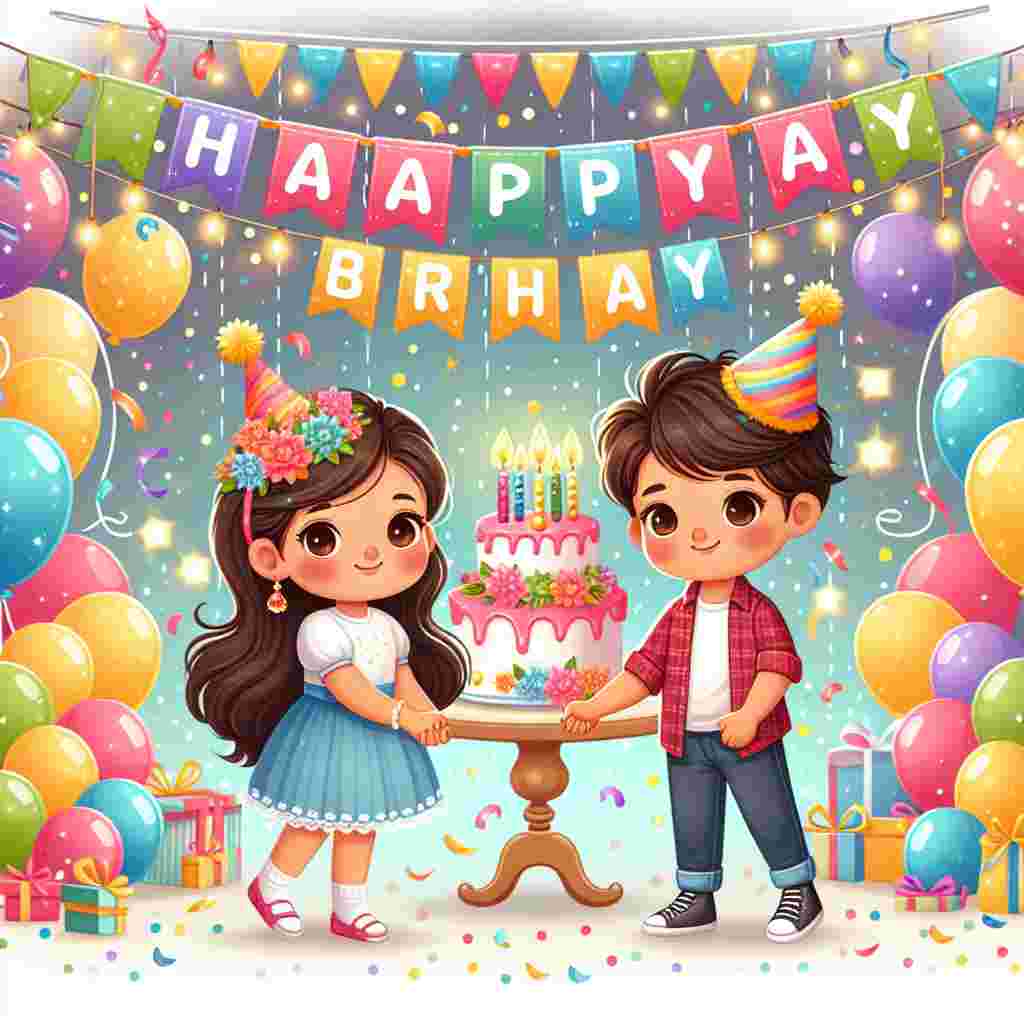 A joyful birthday illustration featuring two kids holding hands and wearing party hats. They stand in front of a large, colorful 'Happy Birthday' banner, surrounded by balloons, confetti, and a cake with candles on a table.
Generated with these themes: 2nd kids  .
Made with ❤️ by AI.