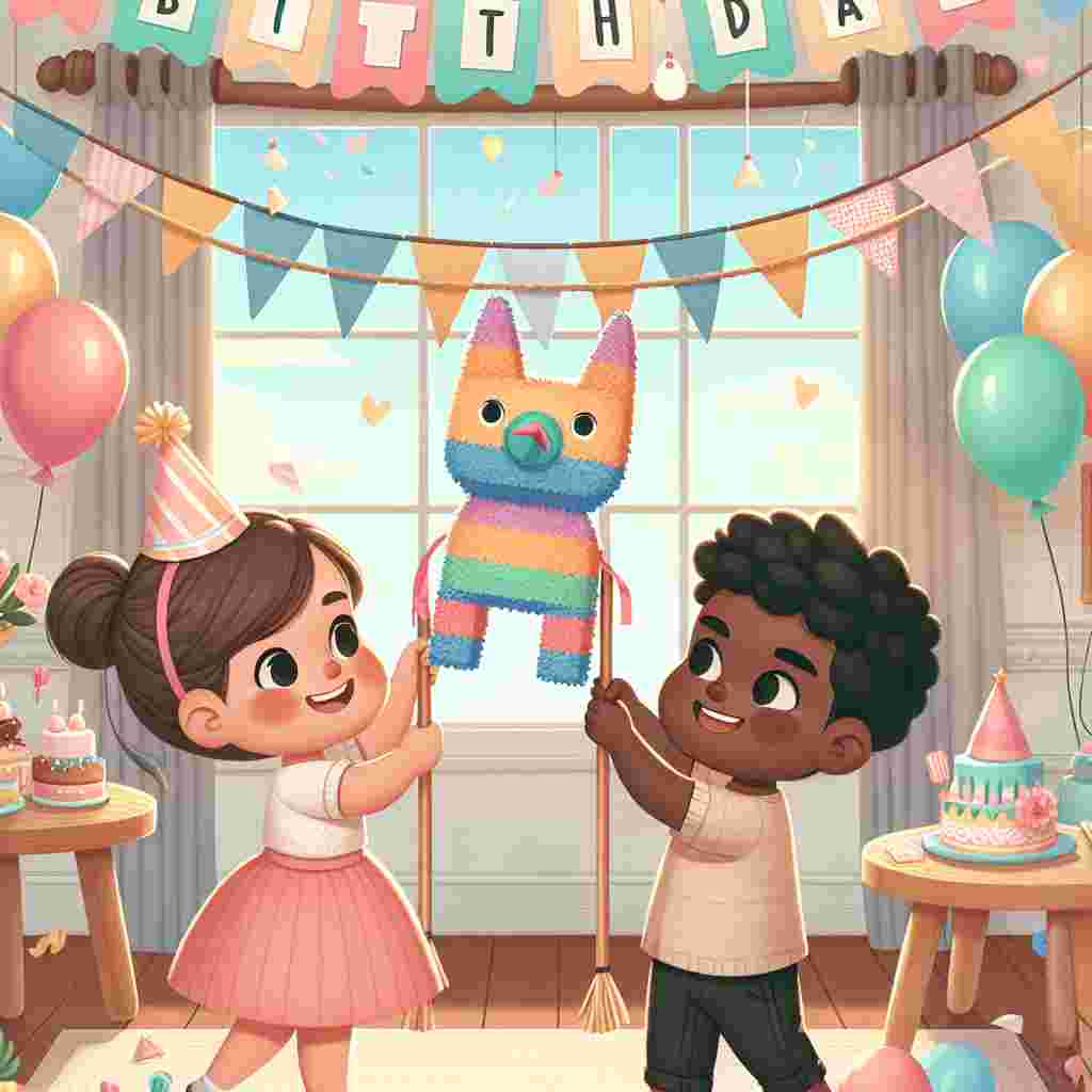 An adorable image of two kids, one atop the other's shoulders, trying to hang a 'Happy Birthday' garland. The room is decorated with pastel balloons, a piñata, and a festive table set with small party hats and treats.
Generated with these themes: 2nd kids  .
Made with ❤️ by AI.