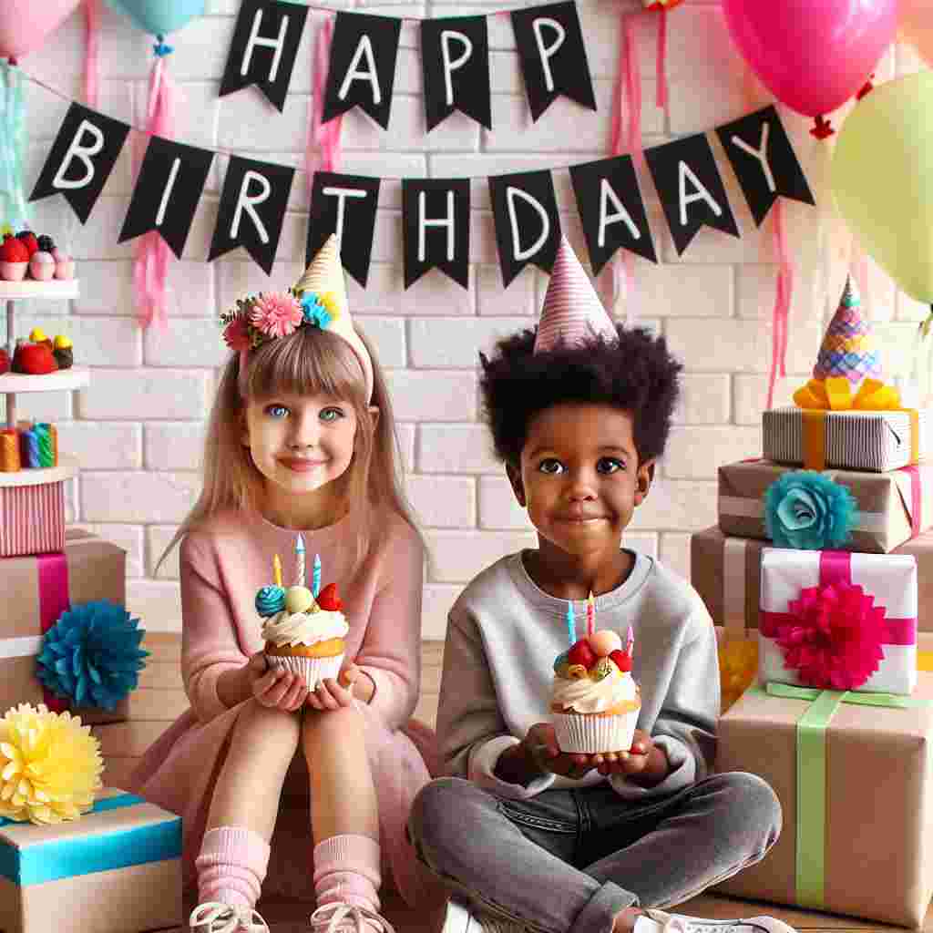 A charming birthday scene with two kids sitting side by side, each with a cupcake in hand. Above them floats the phrase 'Happy Birthday' in playful letters, with party streamers and a pile of gifts wrapped in bright paper and bows.
Generated with these themes: 2nd kids  .
Made with ❤️ by AI.