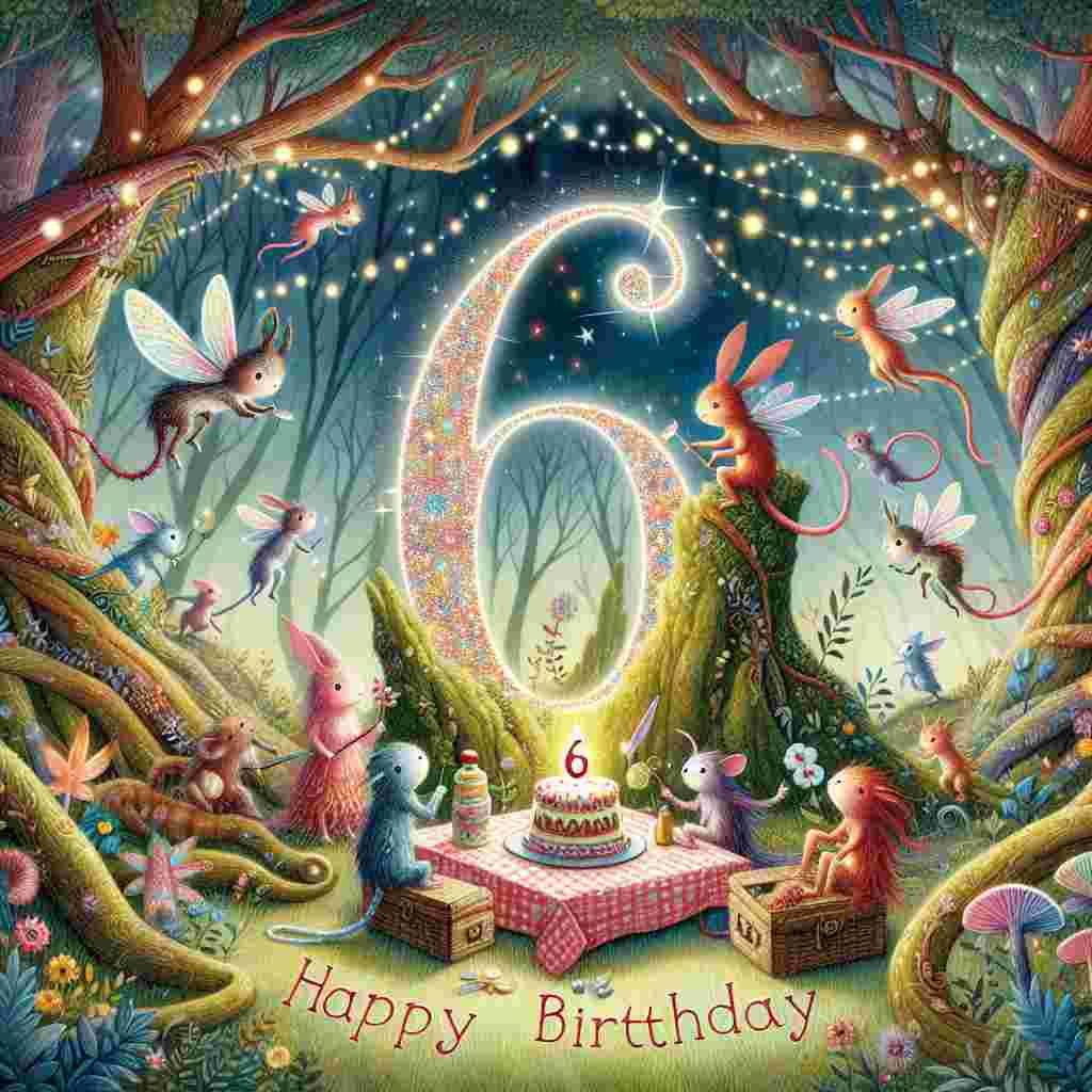 A whimsical birthday scene set in a magical forest with fairy-tale creatures holding up a glittery number '6'. Small woodland animals are having a picnic with a birthday cake at the center. Overhead, branches and leaves intertwine to form the greeting 'Happy Birthday'.
Generated with these themes: 6th kids  .
Made with ❤️ by AI.