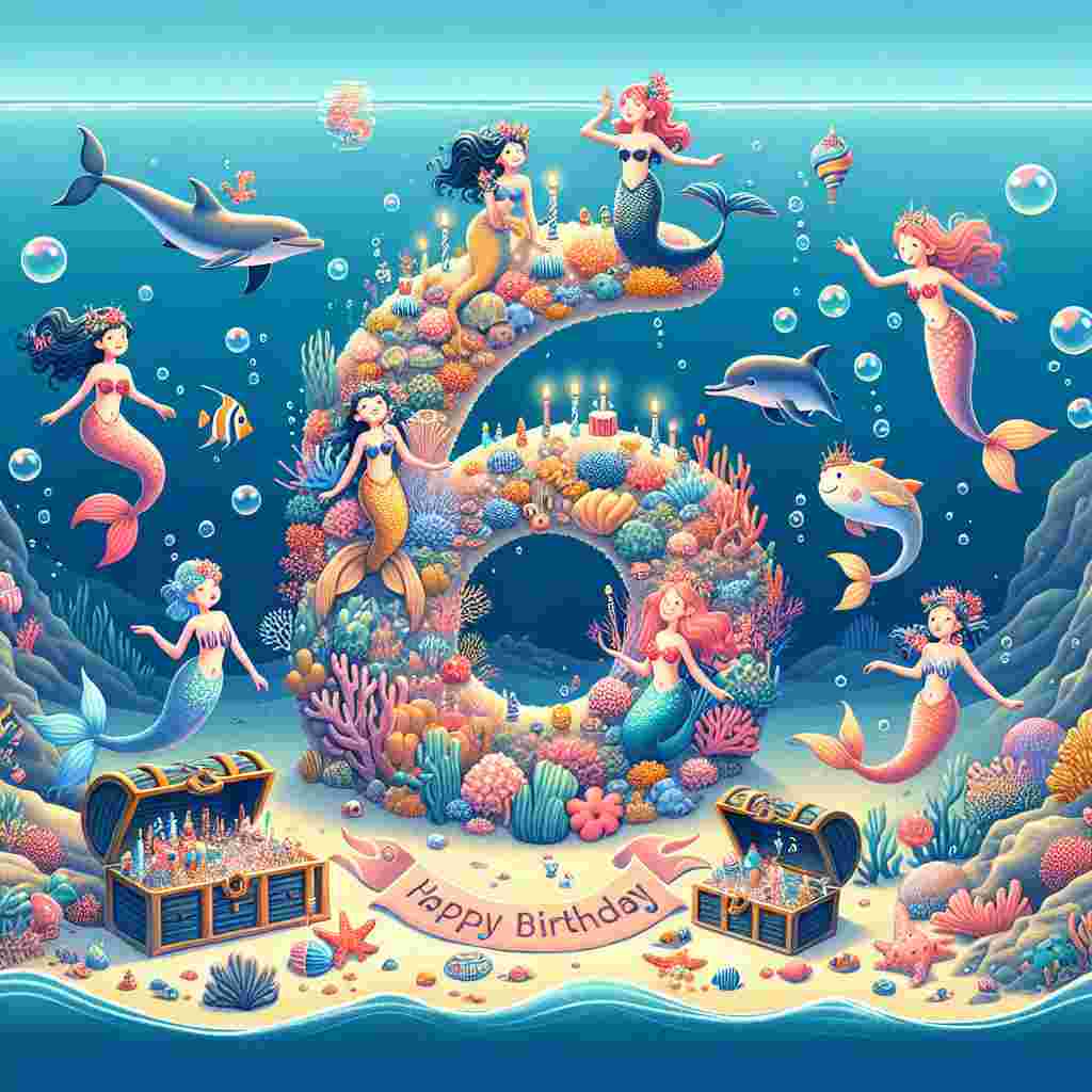 An underwater adventure themed illustration where mermaids and sea creatures celebrate around a coral-designed '6'. Treasure chests and bubbles surround the seabed, with a dolphin playfully flipping a banner that reads 'Happy Birthday' across the ocean blue.
Generated with these themes: 6th kids  .
Made with ❤️ by AI.