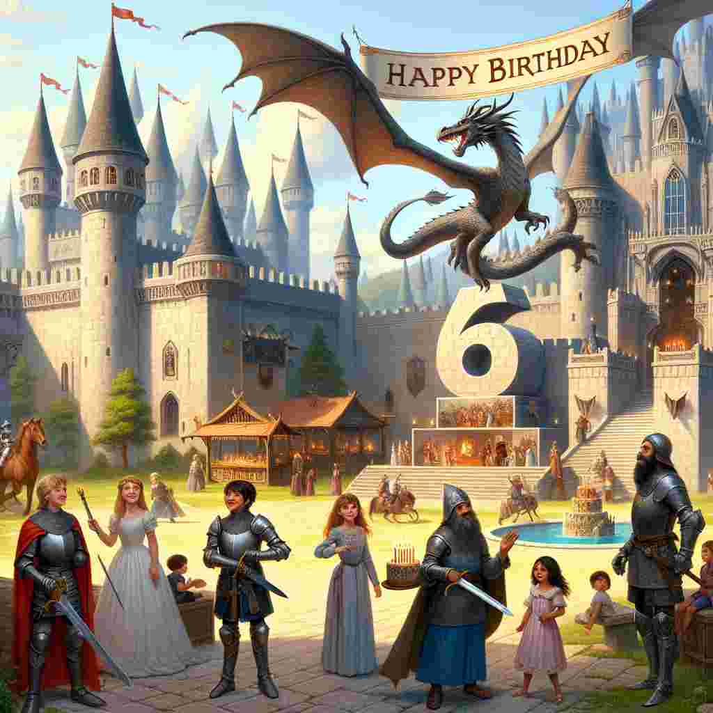 A fantasy castle background with young knights and princesses attending a royal birthday party. A giant '6' is fashioned from stone blocks in the castle courtyard, while a dragon playfully unfurls a scroll above that says 'Happy Birthday' in bold letters.
Generated with these themes: 6th kids  .
Made with ❤️ by AI.