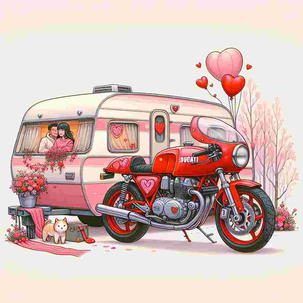 Create a charming Valentine's Day inspired illustration that embodies a sense of adventure and romance. The main focus should be a bright red Ducati motorcycle, decorated with pink and red hearts, to reinforce the theme of love. Parked next to the motorcycle is a vintage caravan, painted in a palette of soft pastels, offering a cozy hideaway for an Asian man and a Caucasian woman, symbolizing an interracial couple. The air should seem filled with love, underlying a whimsical and intimate atmosphere.
Generated with these themes: Ducati, Caravan, and Hearts.
Made with ❤️ by AI.