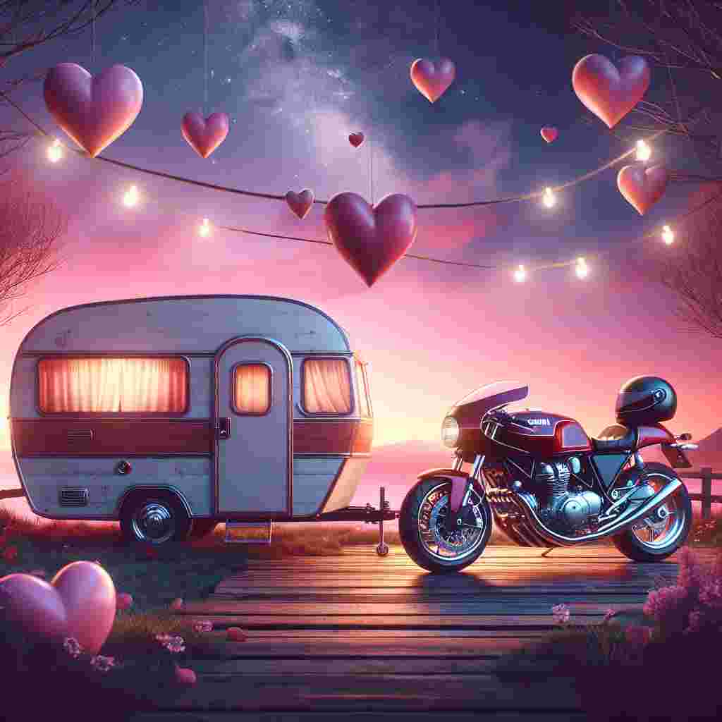 Create a sweet, charming illustration marking Valentine's Day. The primary elements to include are a rustic caravan and a sophisticated Ducati motorcycle, exhibiting a stylish glossy exterior. They're positioned against a dreamy twilight sky with whimsy heart-like shapes gently floating around. The caravan and the motorcycle are linked by fragile strings of hearts, underlining the theme of love, and the delight of adventuring together. Make the scene is filled with a sense of romance and a cheerful atmosphere of togetherness.
Generated with these themes: Ducati, Caravan, and Hearts.
Made with ❤️ by AI.