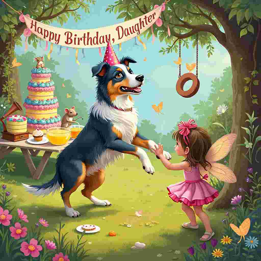 Sure! Here's a vivid description for a quirky and delightful birthday card scene that combines the elements you've mentioned:

---

The scene opens in a whimsical, sun-dappled backyard with a dreamy, slightly fantastical twist. Picture a lively garden party in full swing. In the center, a striking Blue Merle Australian Shepherd, lovingly drawn with expressive eyes and a glossy coat dappled with blue-gray patches, is balanced on its hind legs, wearing a jaunty party hat with bright streamers cascading down. The dog is joyfully "dancing" on the grass, leading a parade of children and whimsical creatures, reminiscent of Maurice Sendak's wild imaginings.

To the left, a beautifully detailed picnic table is laden with a colorful array of birthday treats - a towering cake decorated with blue and pink icing flowers, a rainbow of cupcakes, and a punch bowl filled with fizzy, sparkling lemonade. A banner above the table reads "Happy Birthday, Daughter!" in a playful, hand-lettered font, the words dancing with vibrant colors.

Perched on the edge of the table, much like Beatrix Potter’s animal friends, a tiny mouse wearing a miniature chef's hat is carefully icing a cupcake, its tail curled around a piping bag. Nearby, a couple of whimsical fairies, drawn with delicate, gossamer wings, are sprinkling edible glitter over the treats, casting a magical glow.

The backdrop features a lush, overgrown garden, echoing Arthur Rackham’s intricate landscapes, with twisting vines, blooming flowers, and hidden creatures peeking through the foliage. A tire swing, reminiscent of Norman Rockwell's nostalgic charm, hangs from a sturdy oak tree, swaying gently in the breeze. 

A delighted young girl, the birthday daughter, is at the forefront, her face alight with joy. She is dressed in a whimsical fairy costume, complete with sparkling wings and a flower crown. She reaches out to the Blue Merle Aussie, her hand adorned with a tiny bracelet made of daisy chains.

To the right, a vintage gramophone, an homage to N.C. Wyeth’s love for detailed period elements, plays a merry tune. Small birds, their feathers painted in Maxfield Parrish’s vibrant hues, are perched atop, seemingly dancing to the music.

The sky above is a wash of twilight colors, as if Gustave Doré had painted a serene, dreamlike evening, with soft clouds and twinkling stars just beginning to appear, adding an air of enchantment to the scene.

---

This richly detailed illustration offers an imaginative and unique birthday card cover, weaving together elements of whimsy, celebration, and storytelling in a style inspired by various iconic artists.
Generated with these themes: Blue merel aussie birthday card for daughter.
Made with ❤️ by AI.