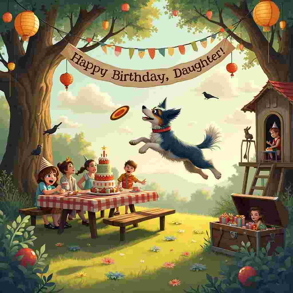 Imagine a whimsical backyard setting illuminated by the soft, golden rays of a late afternoon sun, casting long shadows and highlighting the vibrant colors. At the center of the scene, a lively blue merle Australian Shepherd is joyfully leaping through the air, catching a rainbow-colored frisbee with its teeth. This energetic pup has a party hat that’s slightly askew, adding a touch of playful chaos to the moment. 

The yard is decorated with a string of paper lanterns in pastel colors hanging from tree branches, with a large banner reading "Happy Birthday, Daughter!" stretching between two sturdy oak trees. Each letter of the banner is decorated with intricate, Beardsley-inspired floral patterns. 

On the left, a rustic picnic table is laden with whimsical, Sendak-like creatures – friendly, chubby, and playful – enjoying a delightful tea party. The table is covered with a gingham tablecloth, upon which sits a magnificent birthday cake, multi-tiered and adorned with tiny sugar figurines that resemble the daughter's favorite fairy tale characters.

To the right, an Arthur Rackham-inspired enchanted tree house peeks through the branches, with a wooden ladder leading up to it. Below, a group of Quentin Blake-esque children, all with exaggerated expressions of joy and surprise, are gathered around a treasure chest brimming with wrapped presents and balloons. Each child is uniquely dressed, wearing imaginative costumes like pirates, fairies, and knights.

Behind the children, Maxfield Parrish-like dreamy clouds float lazily in the sky, forming fantastical shapes that seem to be telling a story of their own. A few Edward Gorey-style blackbirds, slightly gothic but not menacing, perch on the tree branches, observing the festivities with mild curiosity.

In the foreground, a curious bunny, reminiscent of Beatrix Potter's beloved characters, peeks out from behind a cluster of colorful flowers and bushes, its nose twitching inquisitively. Scattered around the ground are Gustave Doré-inspired intricate leaves and twigs, adding a touch of detailed elegance to the natural setting.

This richly detailed scene captures a magical, celebratory moment, blending elements of fantasy, childhood wonder, and playful animals, all centered around the joyous occasion of the daughter's birthday.
Generated with these themes: Blue merel aussie birthday card for daughter.
Made with ❤️ by AI.