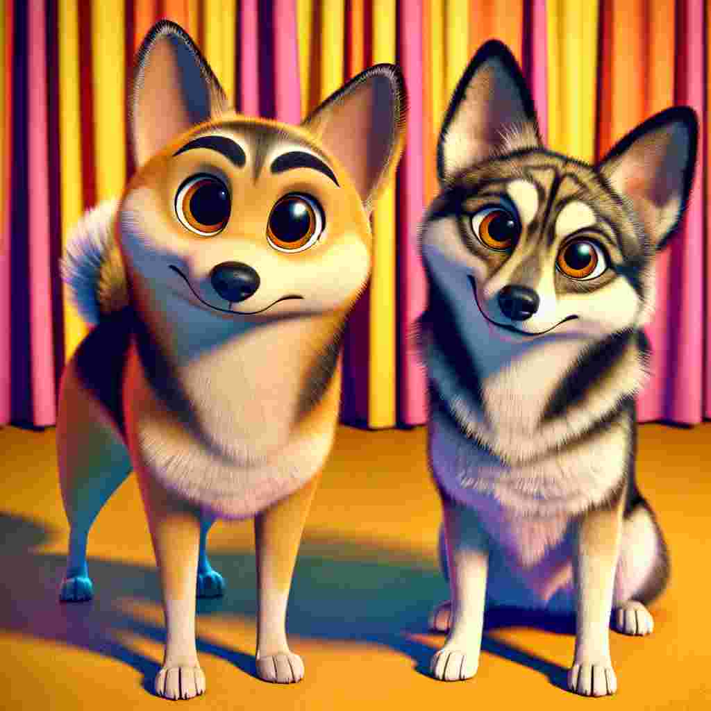 In a world colorfully animated, a peculiar yet delightful creature emanates playful mystery. This undefined entity marvels with its whimsical and unique charm. Standing side by side, we see a Swedish Vallhund dog with a standard frame. Its tan coat is speckled with black and white markings that form a striking pattern, adding a touch of wonder to its appearance. The canine's brown eyes are filled with an uncommon combination of wisdom and warmth, contributing to the overall sweetness of this scene. Their cartoonish distinctiveness differentiates the pair strikingly against their vibrant backdrops.
.
Made with ❤️ by AI.