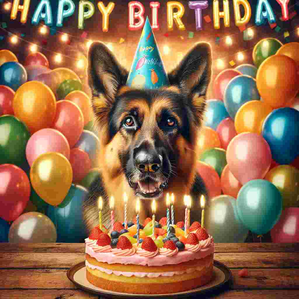 A delightful birthday card featuring a German Shepherd wearing a party hat, surrounded by balloons and a cake with lit candles. 'Happy Birthday' is written in colorful, playful letters above the dog, adding to the festive atmosphere.
Generated with these themes: German Shepherd  .
Made with ❤️ by AI.