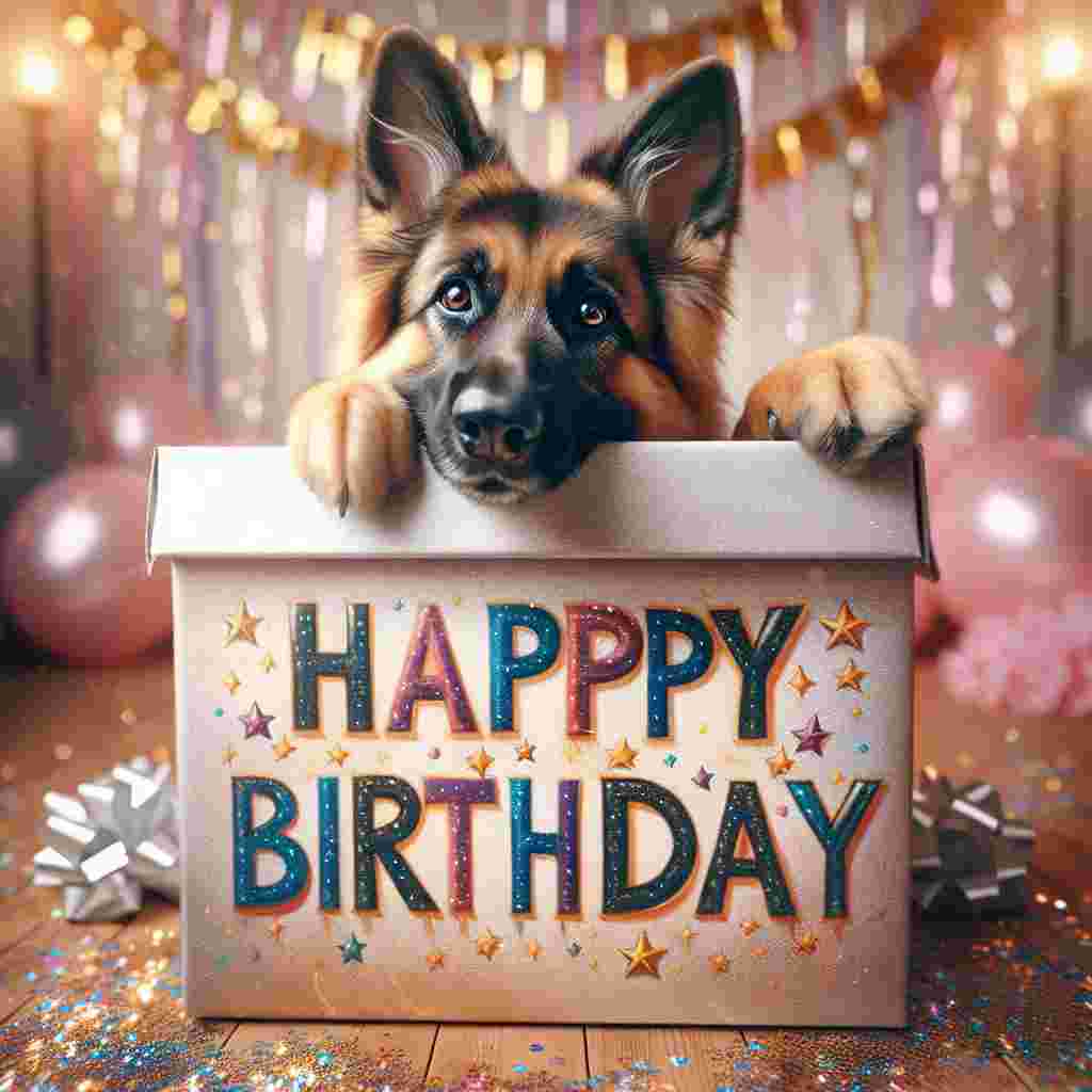 A heartwarming birthday scene where a German Shepherd is peeking out of a large gift box with 'Happy Birthday' emblazoned across the top in bright, bold letters. The background is filled with streamers and sparkles, encapsulating the joy of the occasion.
Generated with these themes: German Shepherd  .
Made with ❤️ by AI.
