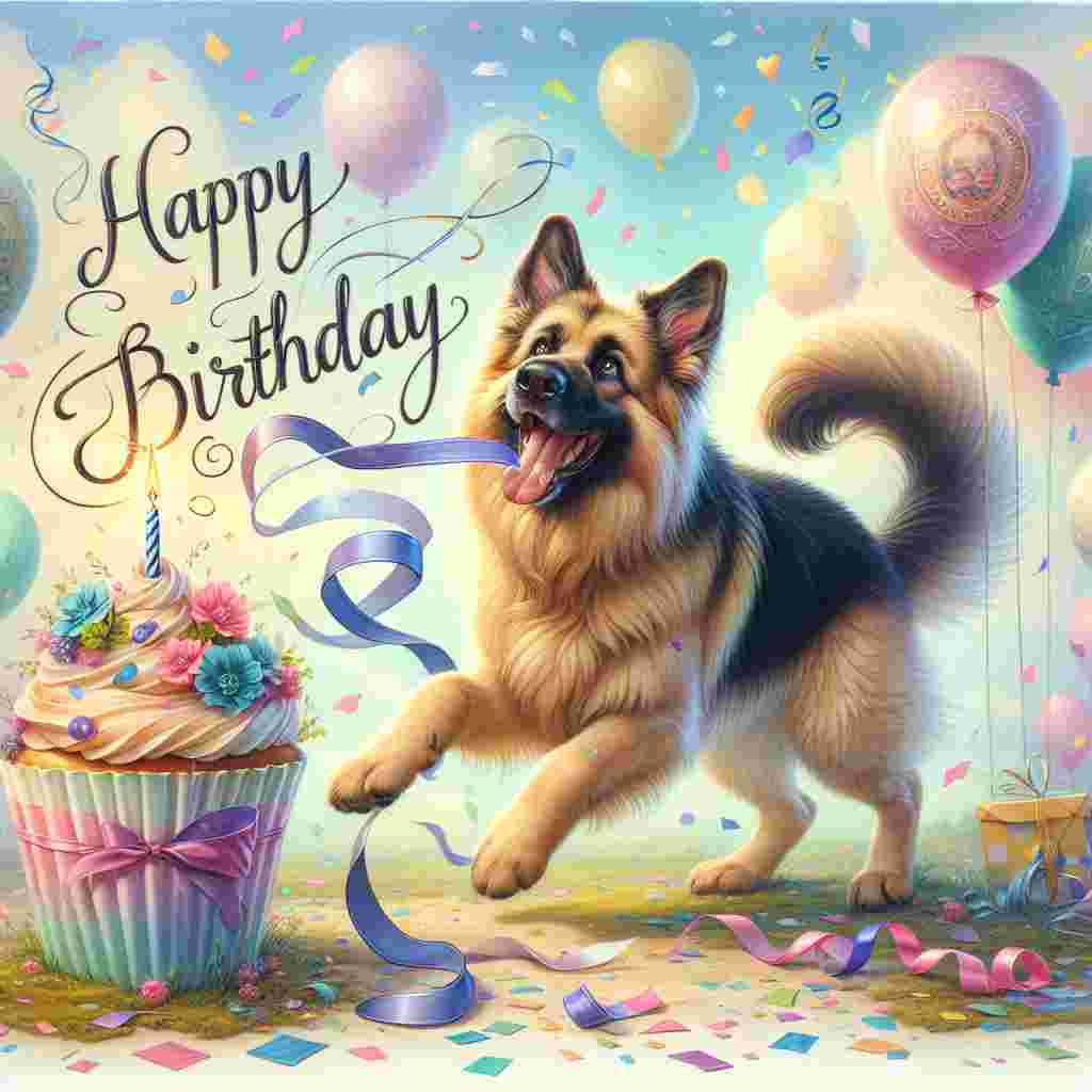 An enchanting illustration shows a German Shepherd playing with a ribbon amidst a burst of confetti. The scene is set against a soft, pastel background where 'Happy Birthday' is gracefully scripted overhead, accompanied by floating balloons and a whimsical cupcake.
Generated with these themes: German Shepherd  .
Made with ❤️ by AI.