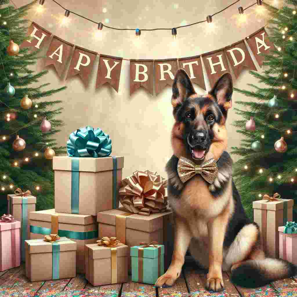 The scene depicts a charming German Shepherd with a bow tie, sitting beside a pile of presents. Behind the cheerful pup, 'Happy Birthday' is inscribed on a banner draped between two trees, with strings of lights and confetti adding a celebratory touch.
Generated with these themes: German Shepherd  .
Made with ❤️ by AI.