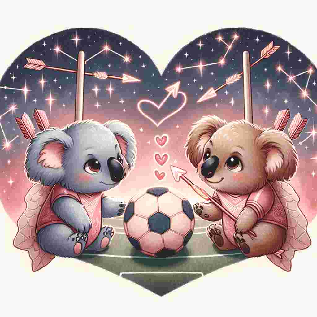 Create an enchanting image featuring two cuddly creatures, koalas or puppies, donned in old-fashioned football equipment. They are experiencing a tender moment on a heart-shaped pitch. The goalposts from the field transform into the arrows of Cupid. Overhead, stars glitter forming constellation patterns that take the shape of a football. The use of soft shades of pinks and reds radiates a romantic atmosphere throughout the illustration.
Generated with these themes: american football.
Made with ❤️ by AI.