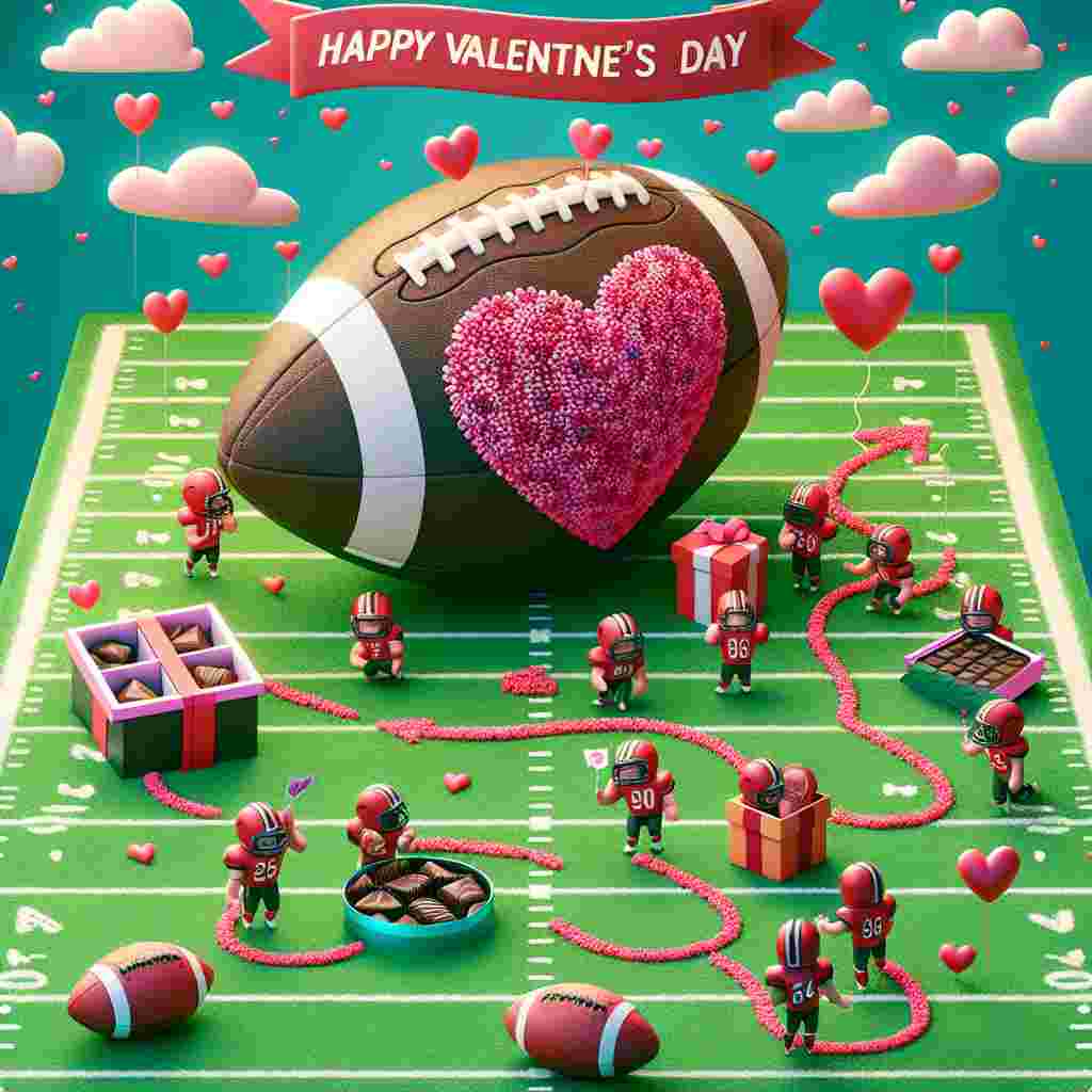 An appealing depiction of a unique twist on an American football, which is designed with a pattern of red and pink hearts. In the backdrop, there's a play drawn with chalk mapping a path straight to a box of chocolates. Simultaneously, miniature cartoon characters, donned in football helmets, are exchanging valentine cards. A prominent banner capturing the sentiment 'Happy Valentine's Day' dances above the narrative set out on a lush green field, encapsulating an amalgamation of love and sports.
Generated with these themes: american football.
Made with ❤️ by AI.